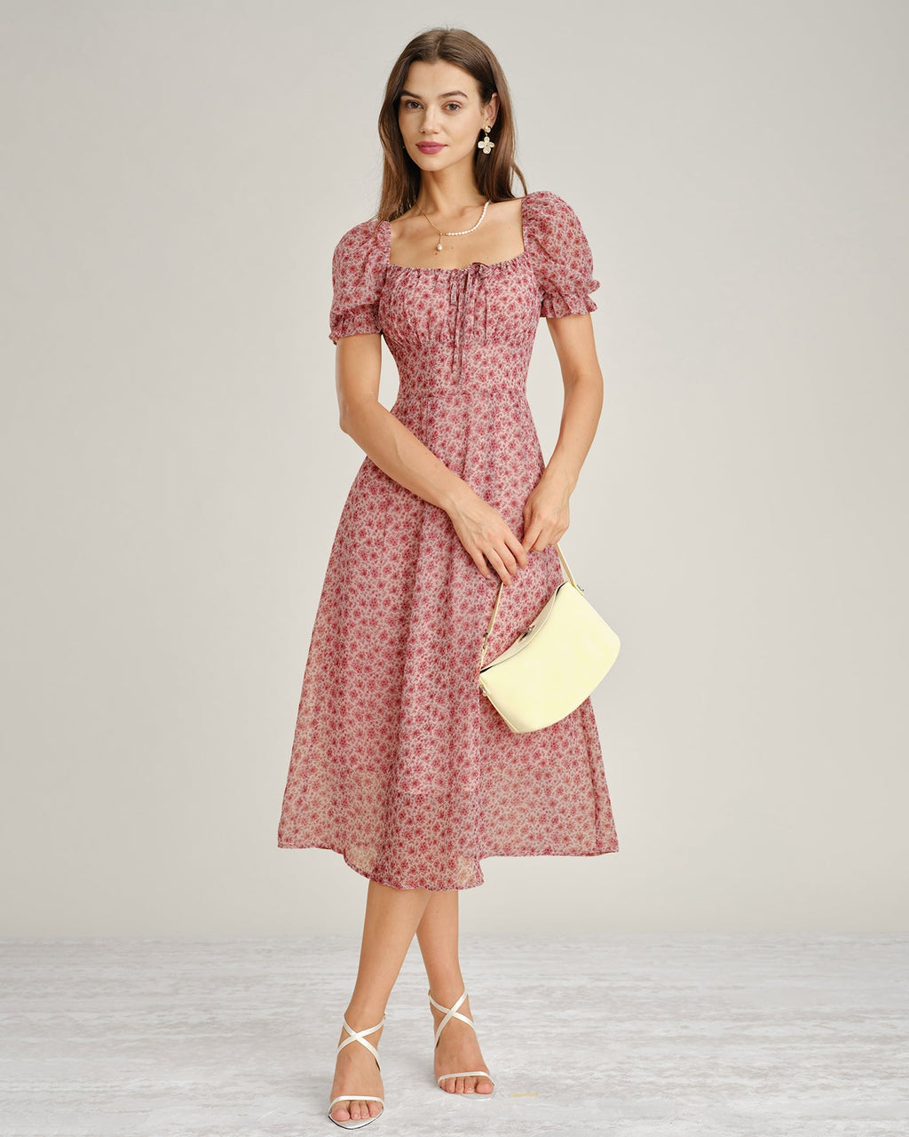 Pink Square Neck Floral Chiffon Midi Dress