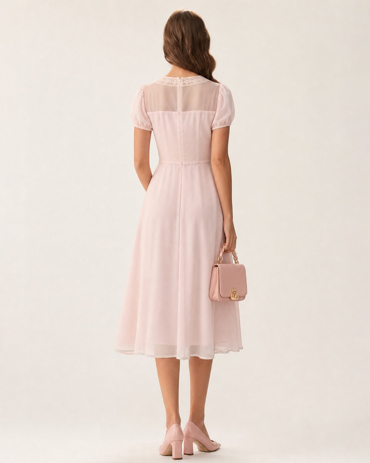 Pink Square Neck Lace Chiffon Midi Dress