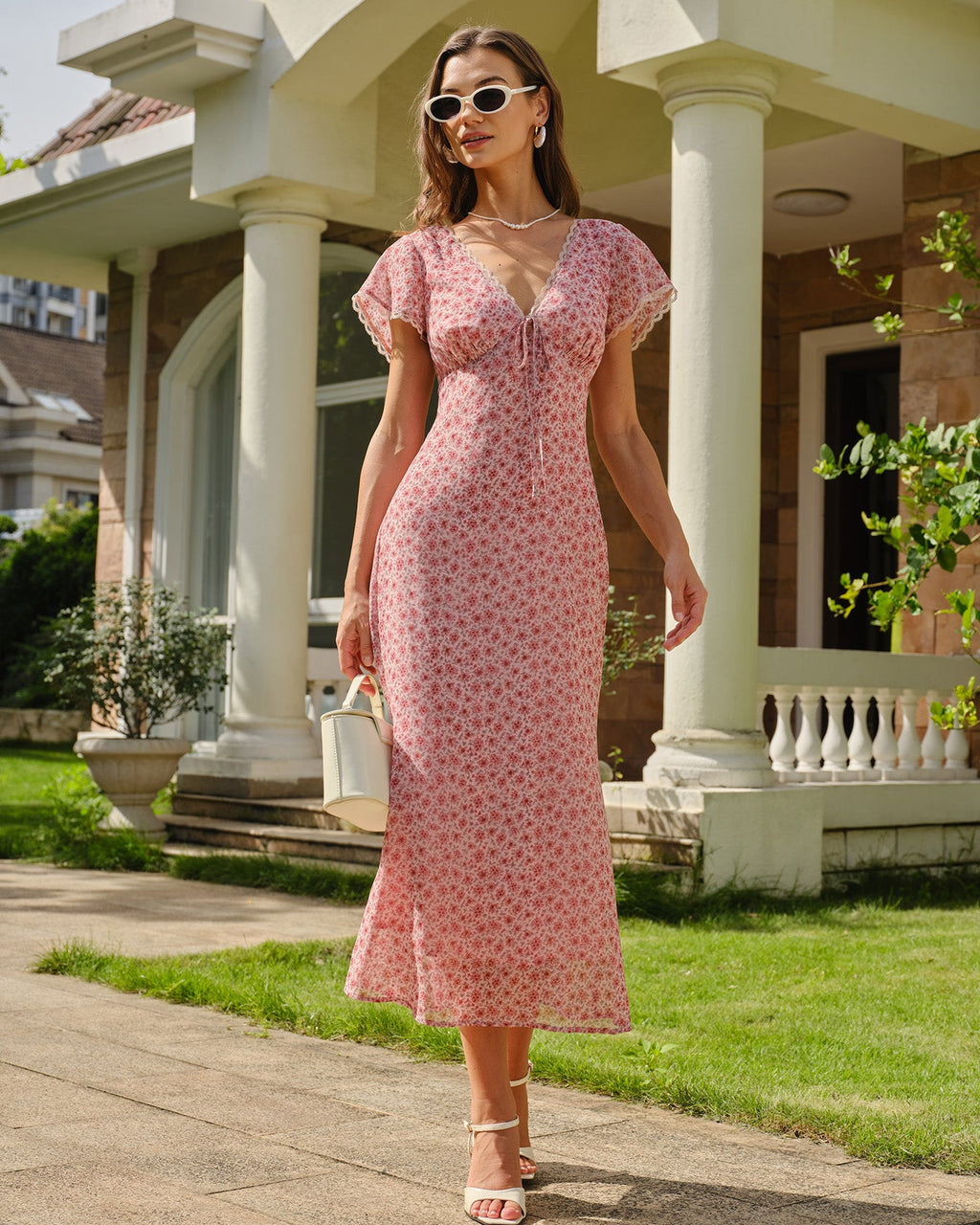 Pink V Neck Lace Floral Mermaid Midi Dress
