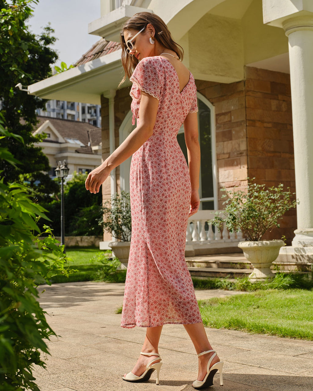 Pink V Neck Lace Floral Mermaid Midi Dress