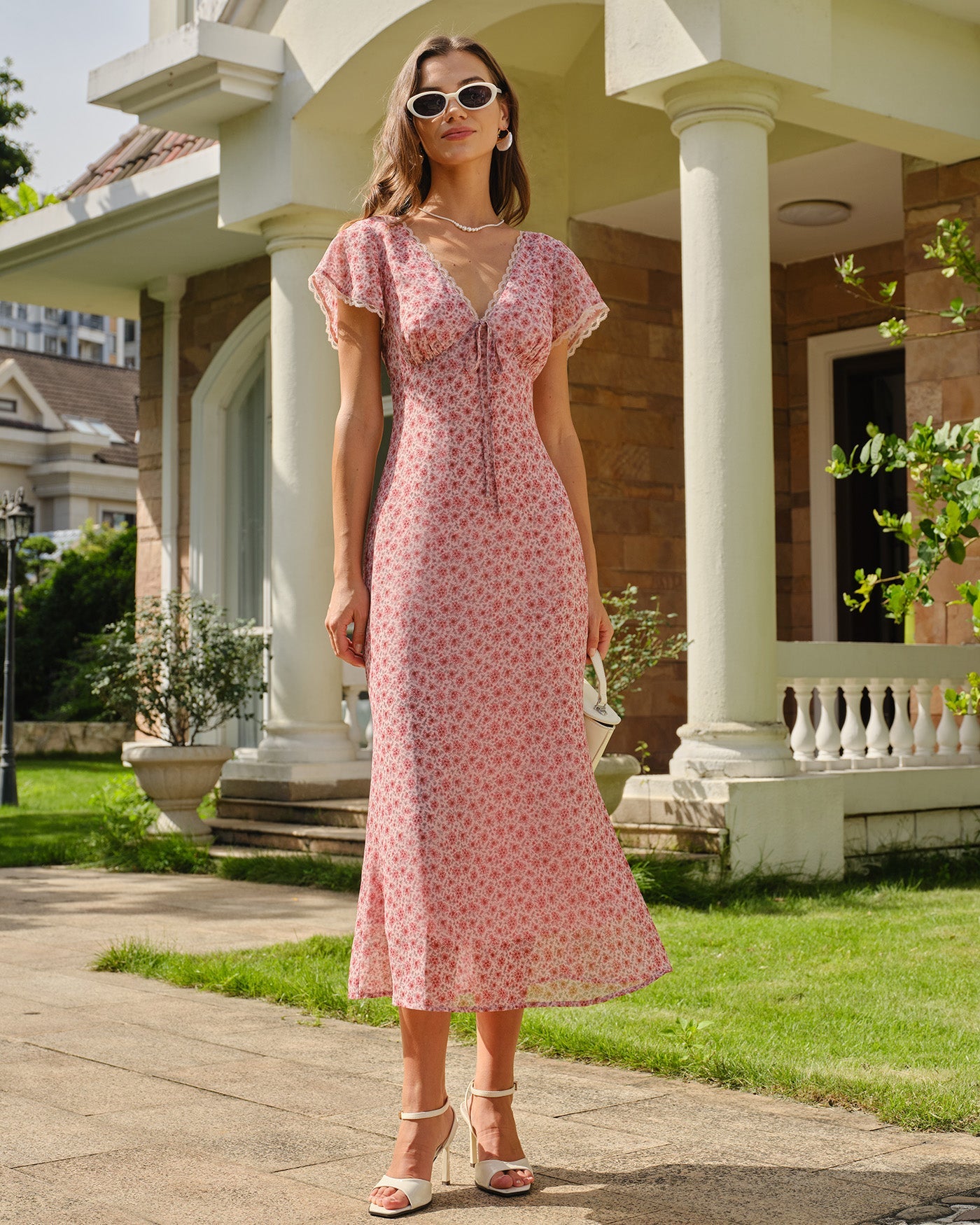 Pink V Neck Lace Floral Mermaid Midi Dress
