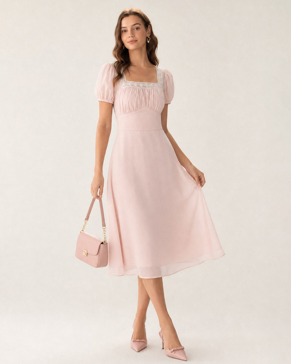 Pink Square Neck Lace Chiffon Midi Dress