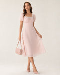 Pink Square Neck Lace Chiffon Midi Dress