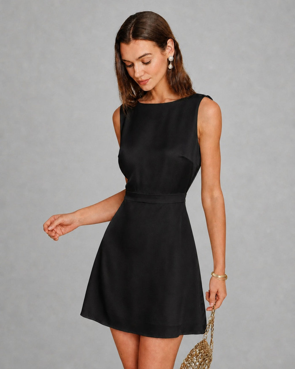 Black Boat Neck Pearl A-Line Mini Dress