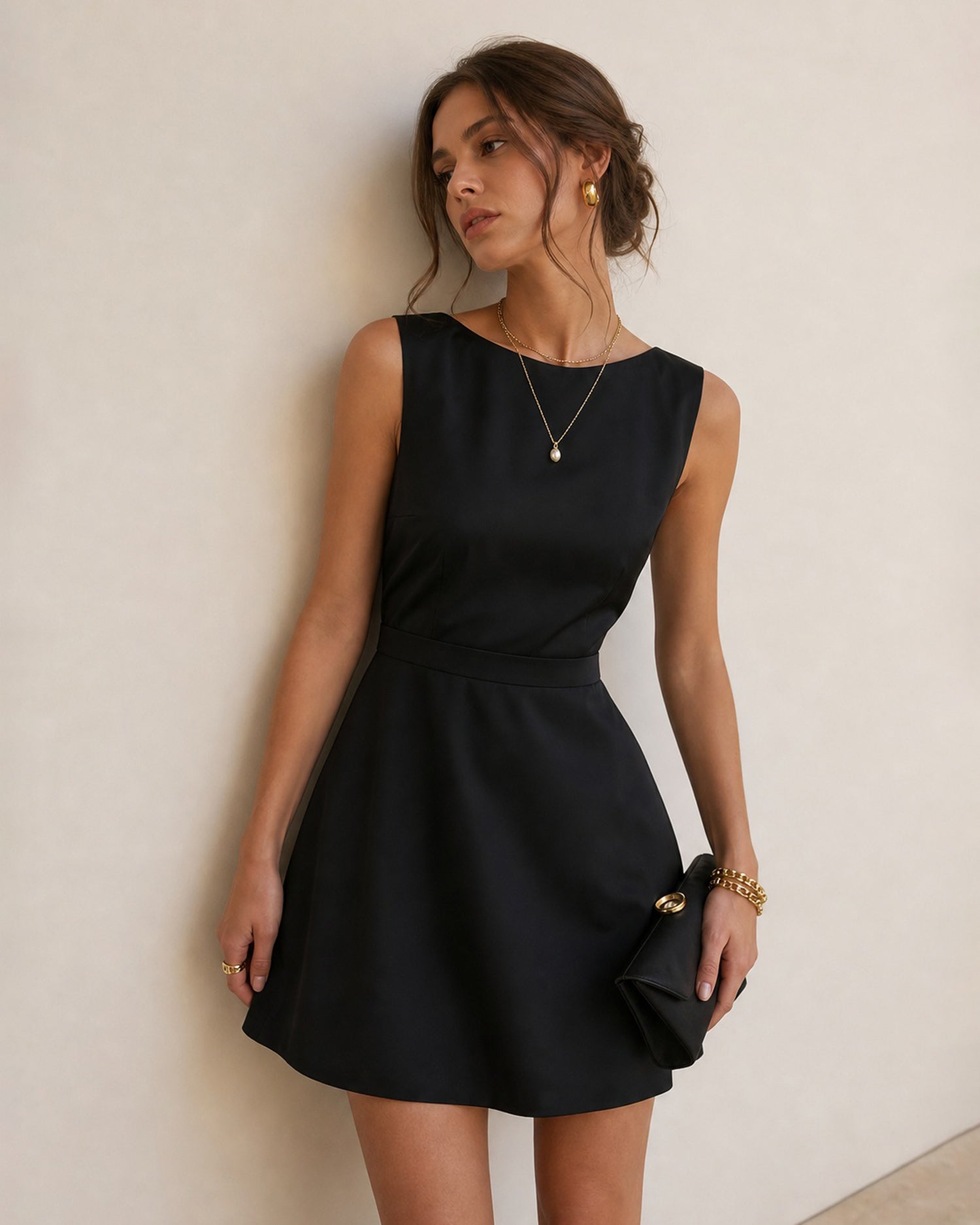 Black Boat Neck Pearl A-Line Mini Dress