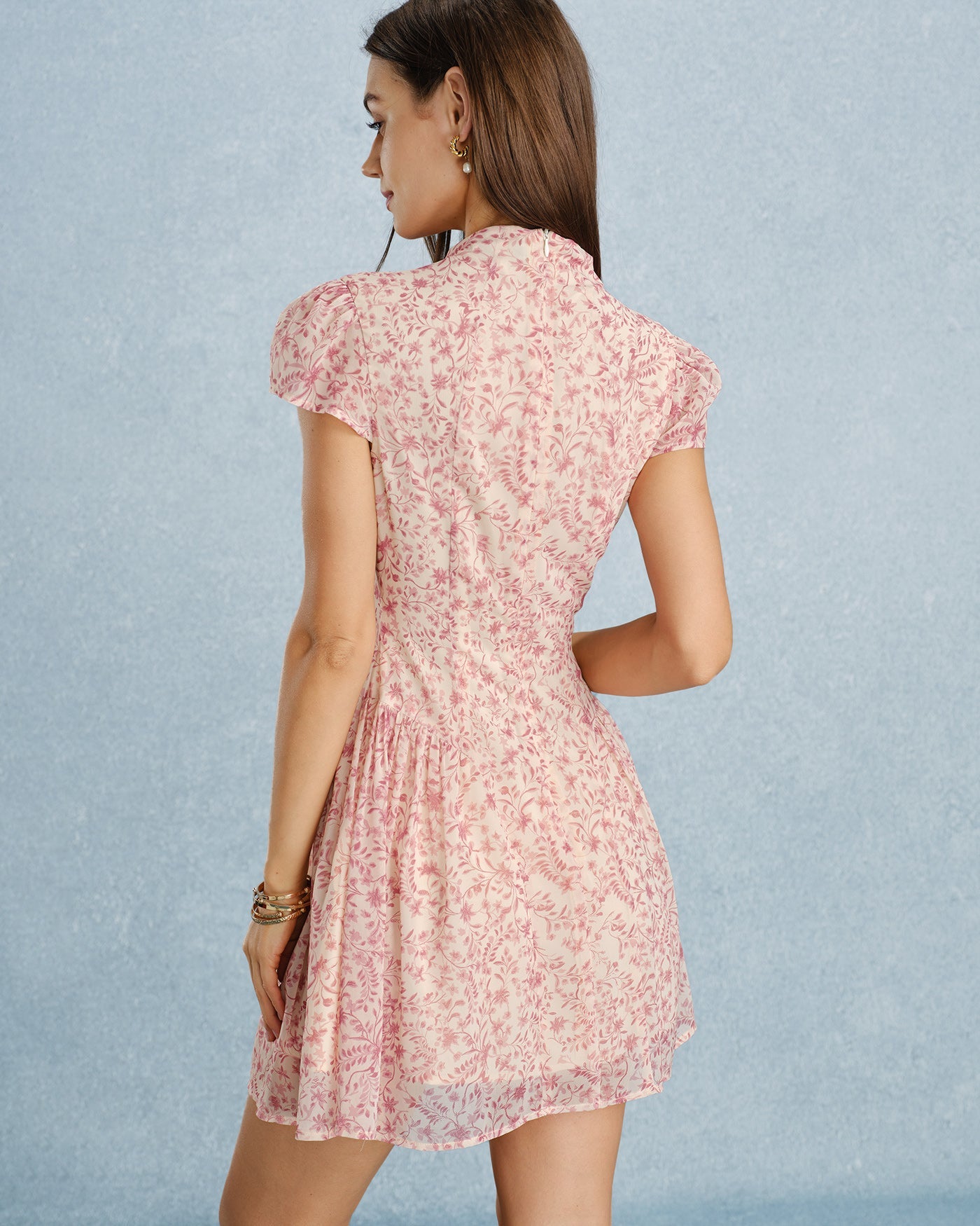 Pink Mock Neck Floral Chiffon Mini Dress