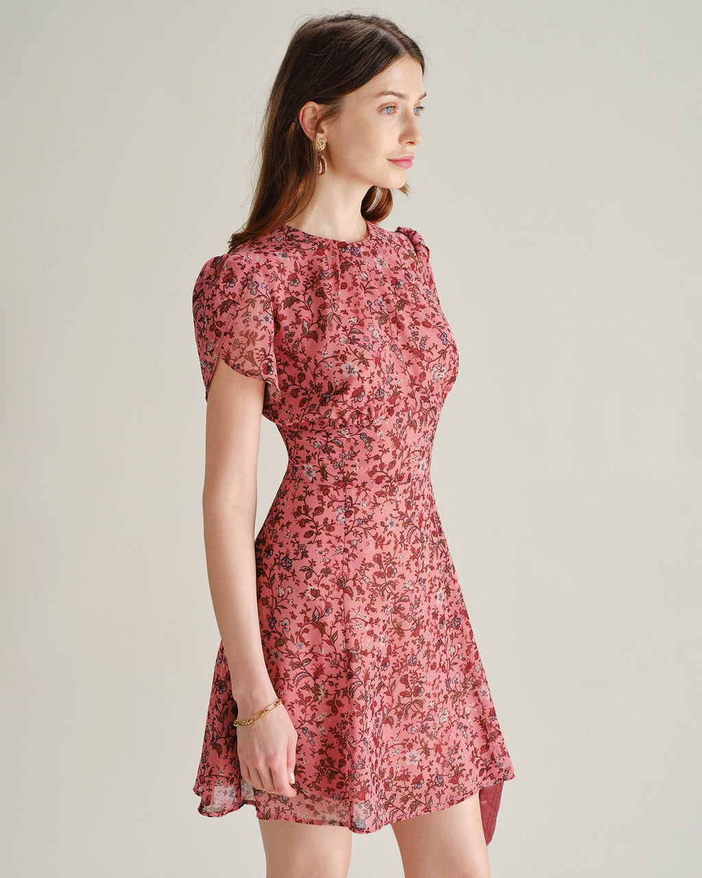 Pink Floral Ruffle Chiffon Mini Dress