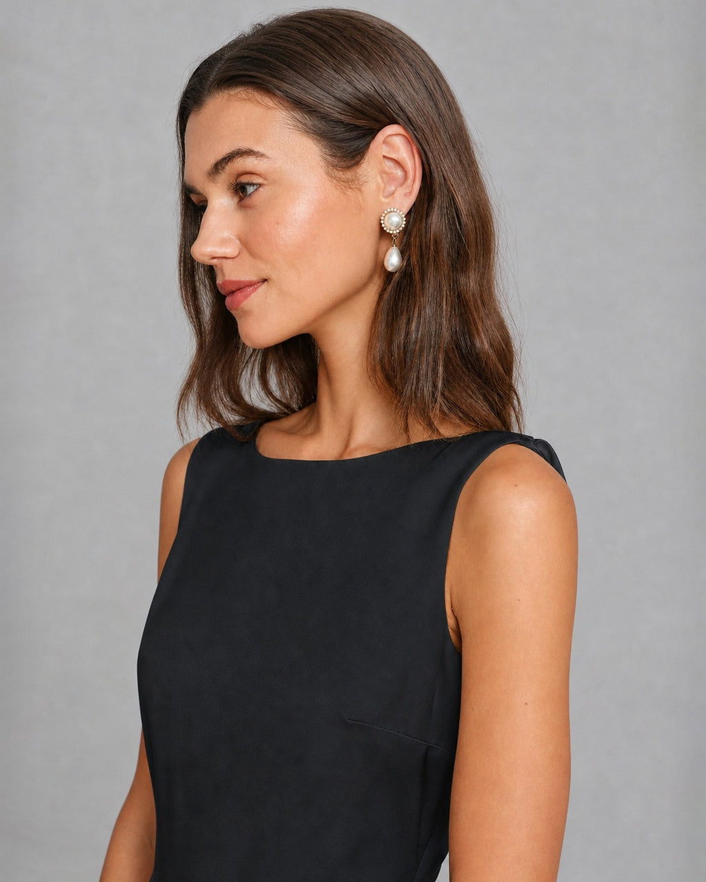 Black Boat Neck Pearl A-Line Mini Dress