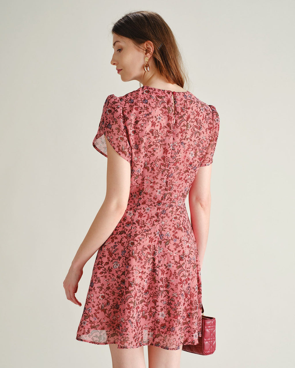 Pink Floral Ruffle Chiffon Mini Dress