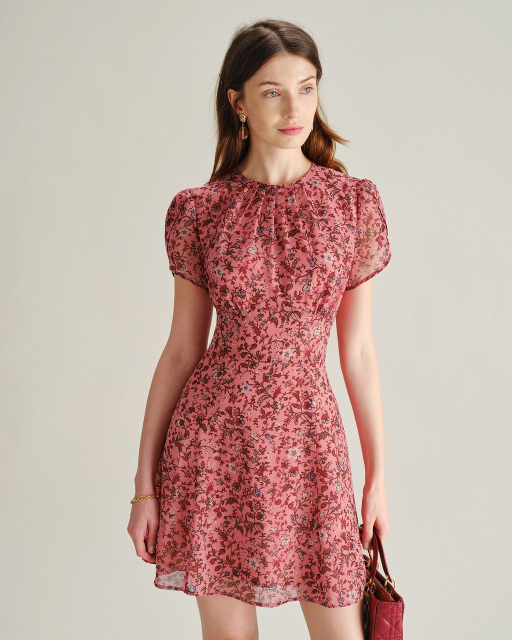 Pink Floral Ruffle Chiffon Mini Dress