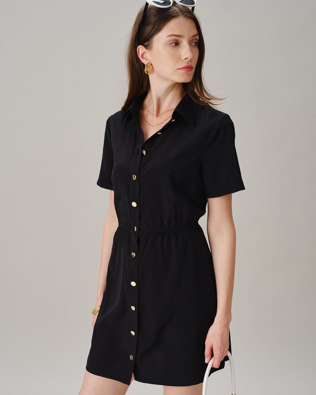 Black Collar Button Pockets Mini Dress