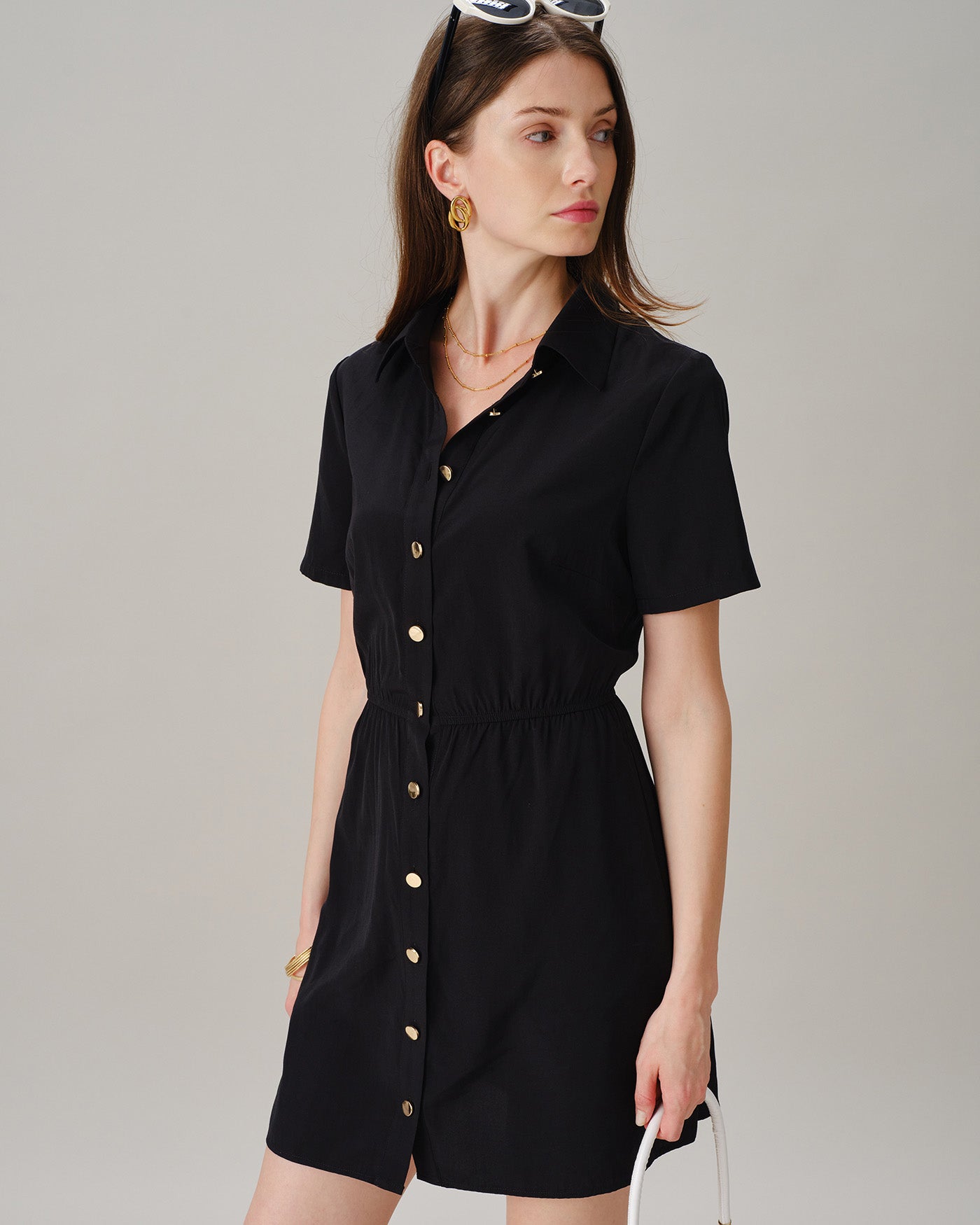 Black Collar Button Pockets Mini Dress