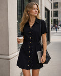 Black Collar Button Pockets Mini Dress