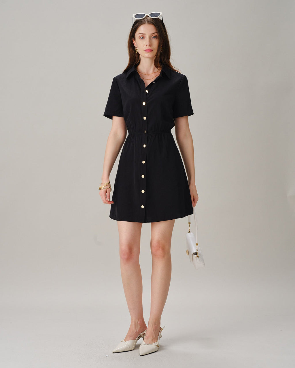 Black Collar Button Pockets Mini Dress