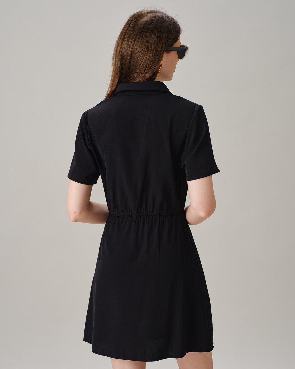 Black Collar Button Pockets Mini Dress
