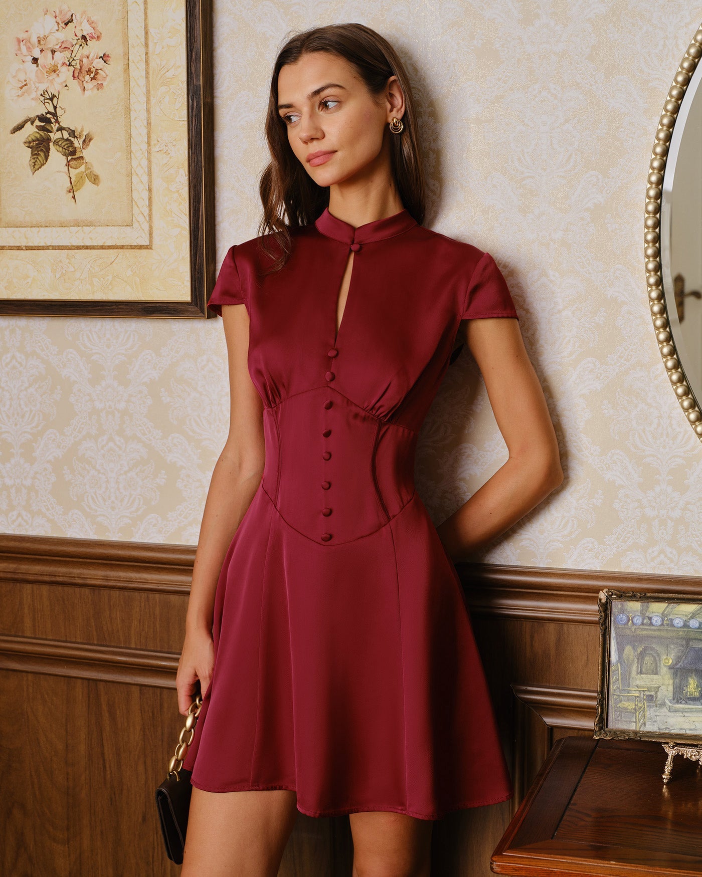 Red Mandarin Collar Satin Mini Dress