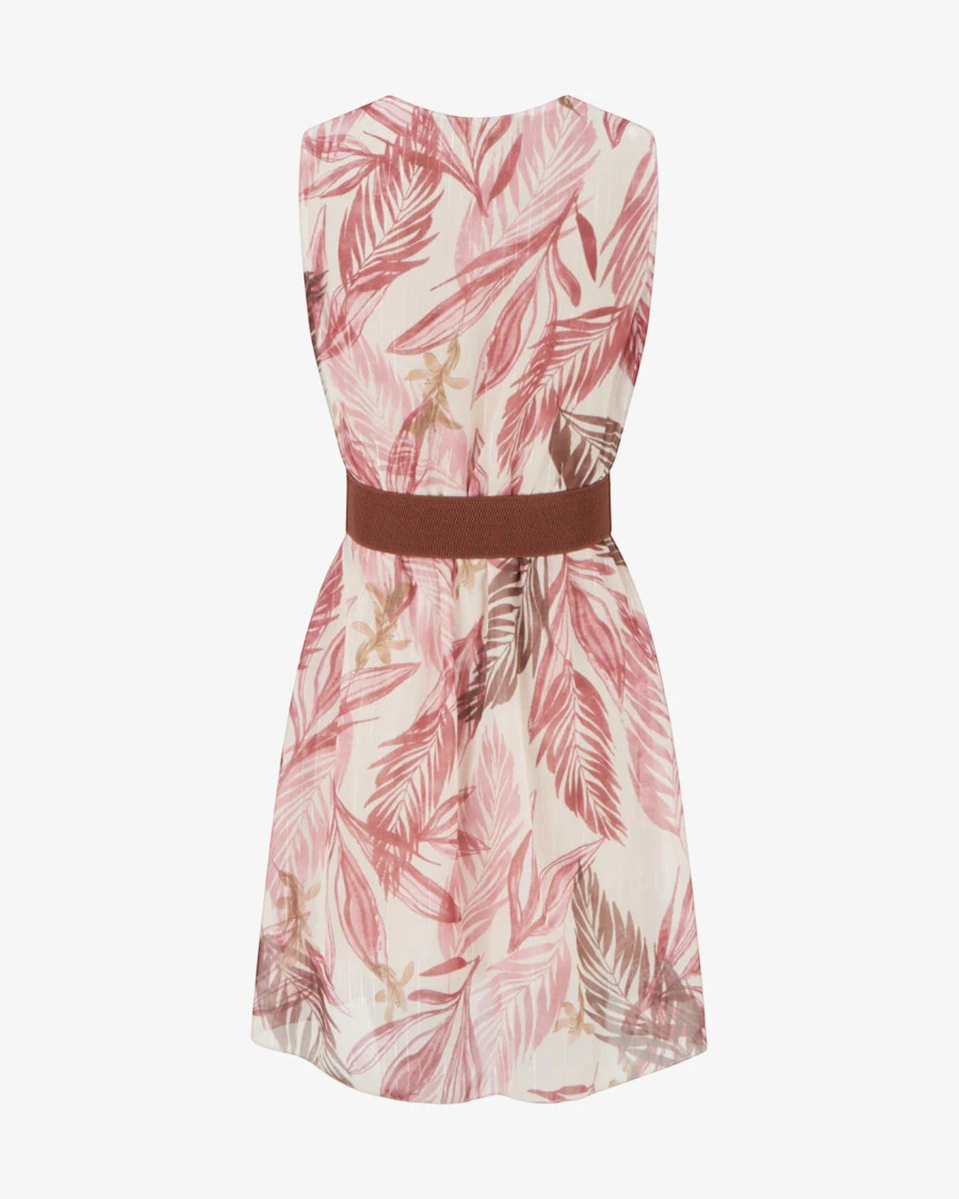 zevrion Aurora dress in antique pink with iridescent leaf print and brown waist detail on a white background