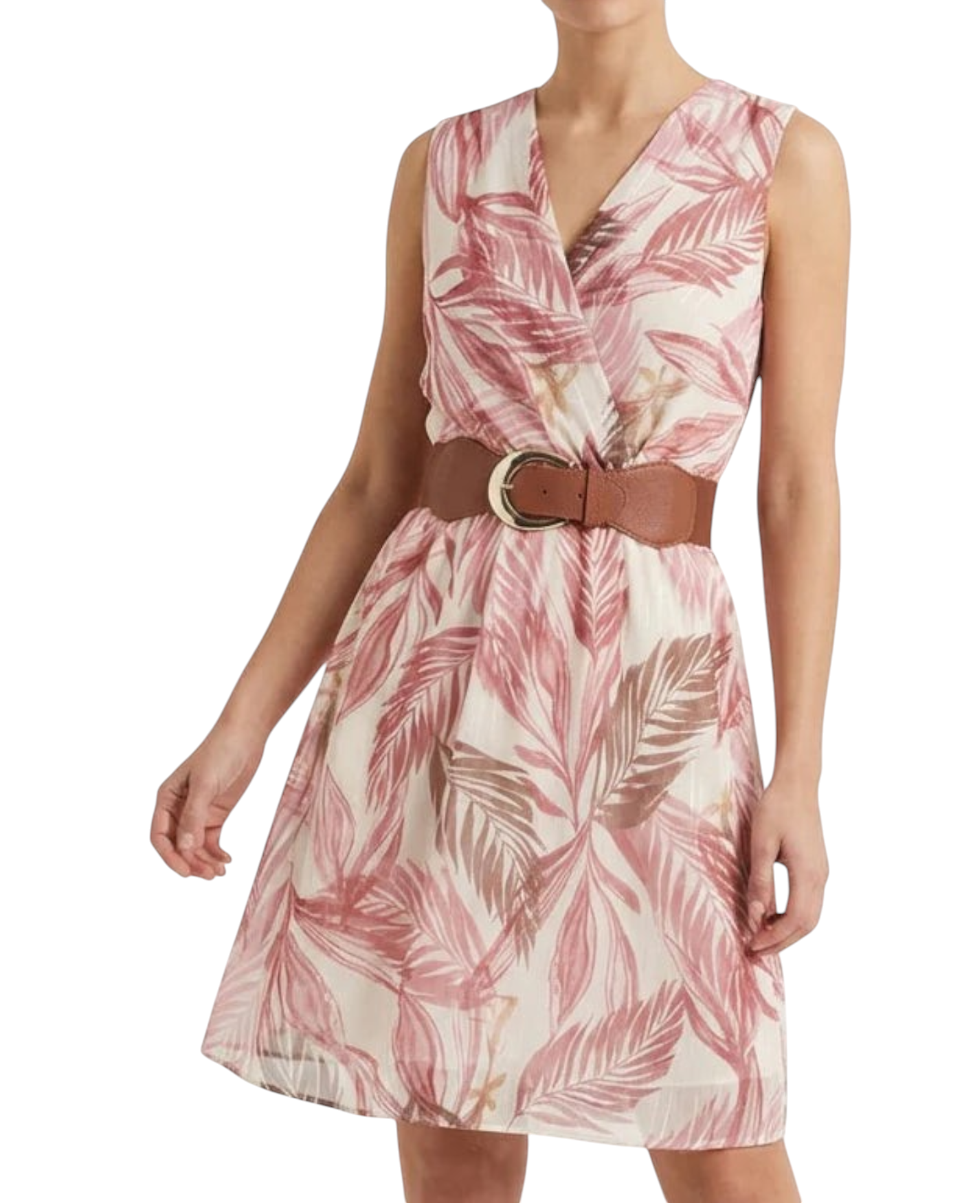 zevrion Aurora dress in antique pink with leaf print, iridescent finish, and a brown waist belt on a model
