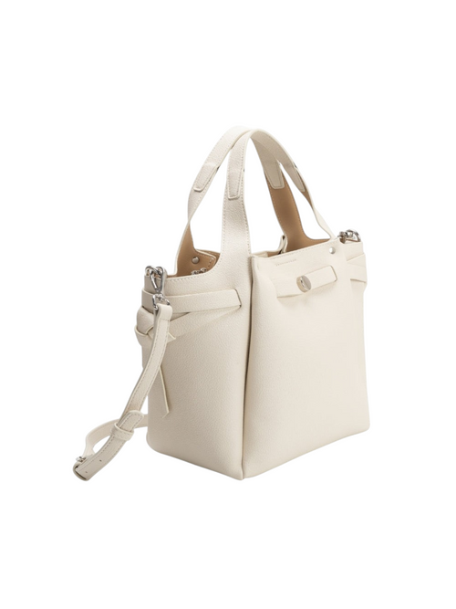 zevrion Avril beige recycled vegan leather handbag with silver hardware, top handles, and adjustable shoulder strap.