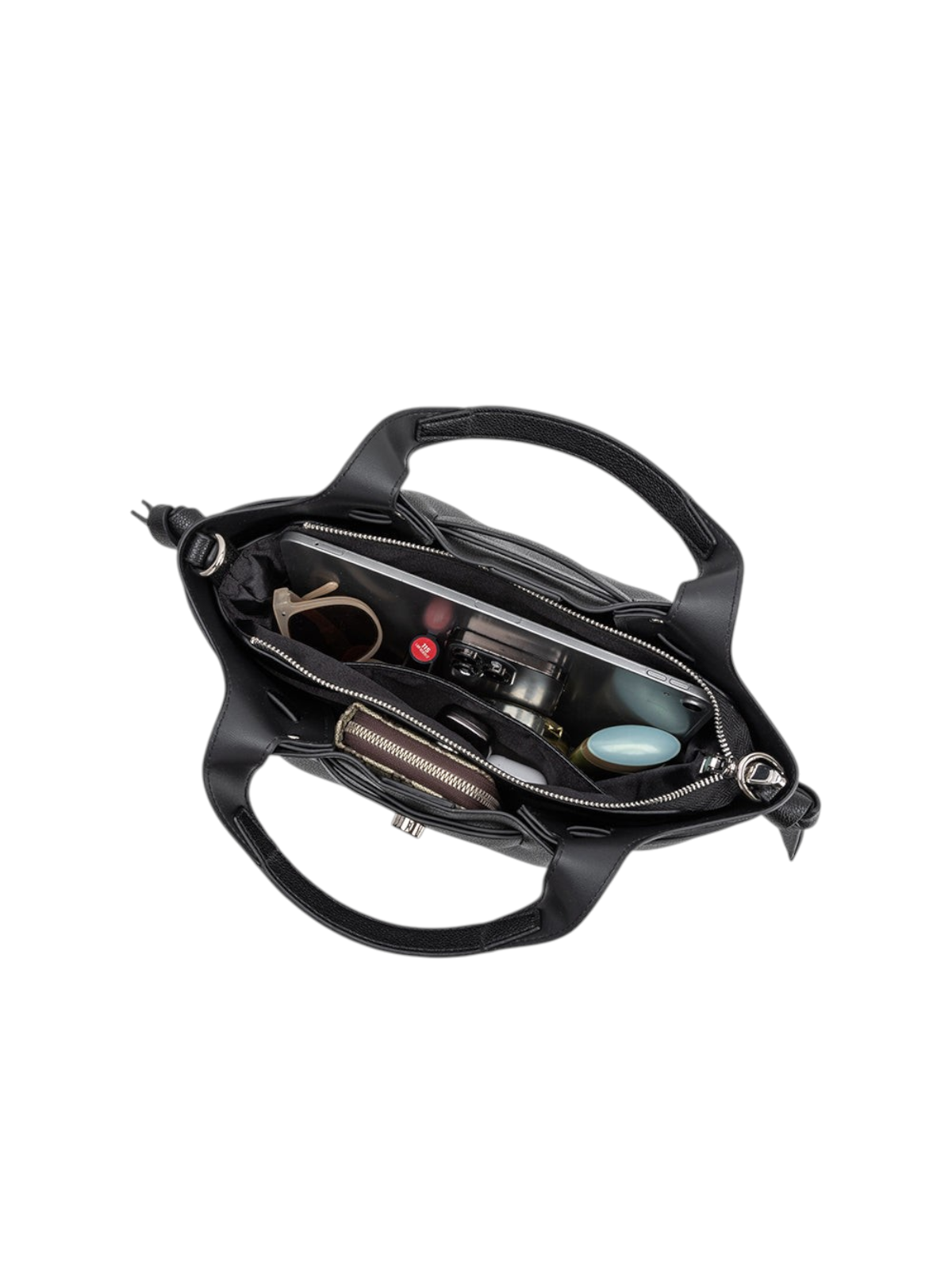 Top view of zevrion Avril black recycled vegan leather handbag showing interior organization with tablet and items.