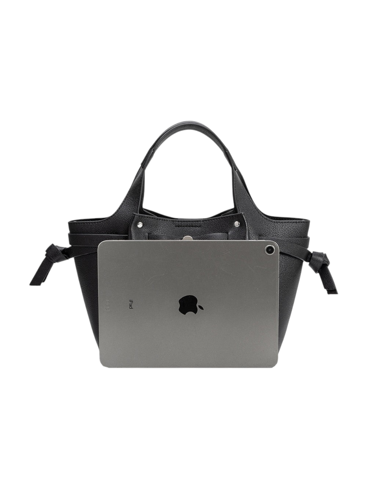 zevrion Avril black recycled vegan leather handbag with tablet for scale, featuring side knot details and top handles