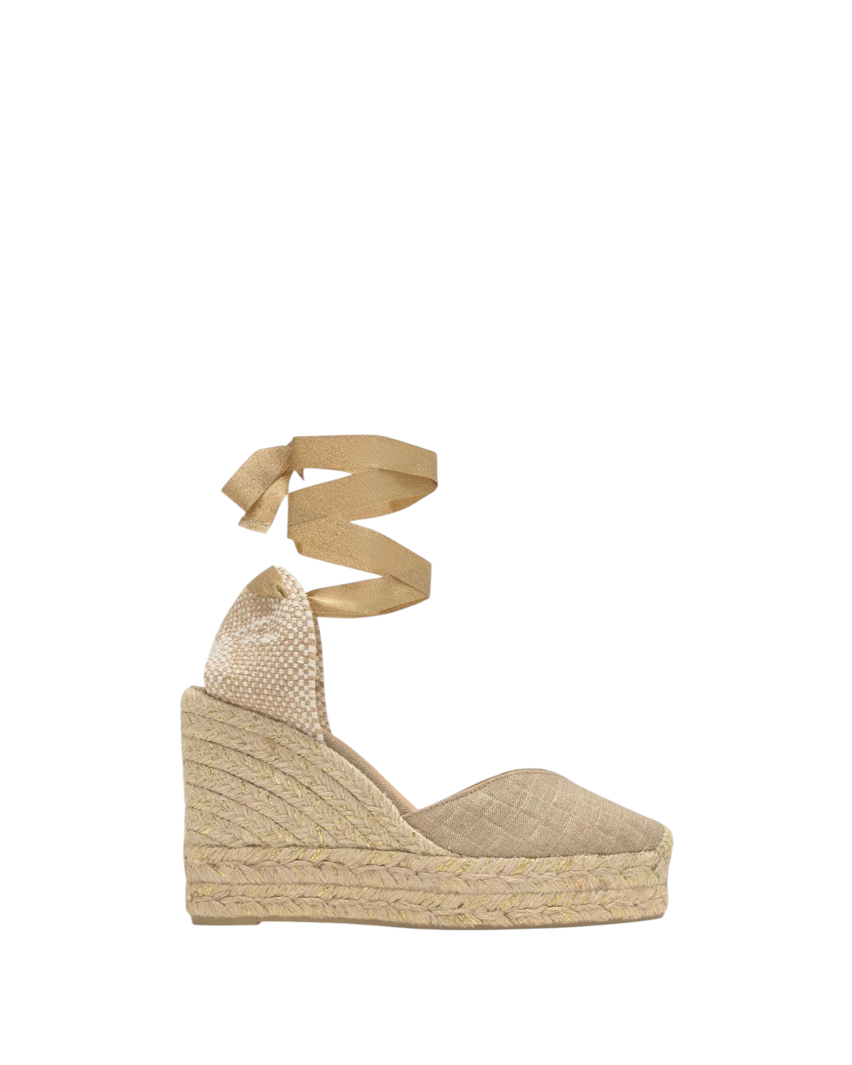 Zevrion wedge platform espadrilles in beige with woven texture, metallic gold ribbon ties, and jute-wrapped sole.