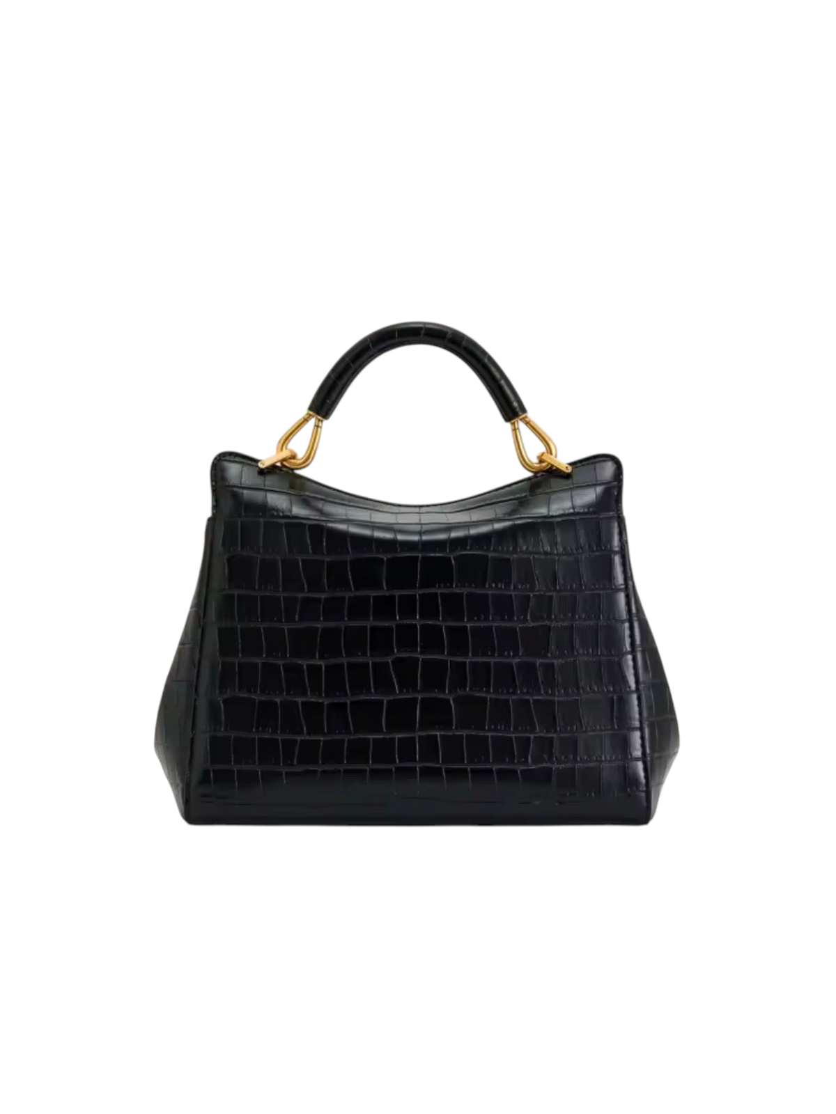 zevrion Lucia black genuine leather handbag with crocodile embossed texture and gold hardware accents