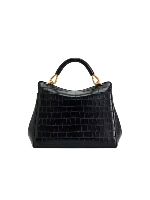 zevrion Lucia black genuine leather handbag with crocodile embossed texture and gold hardware accents