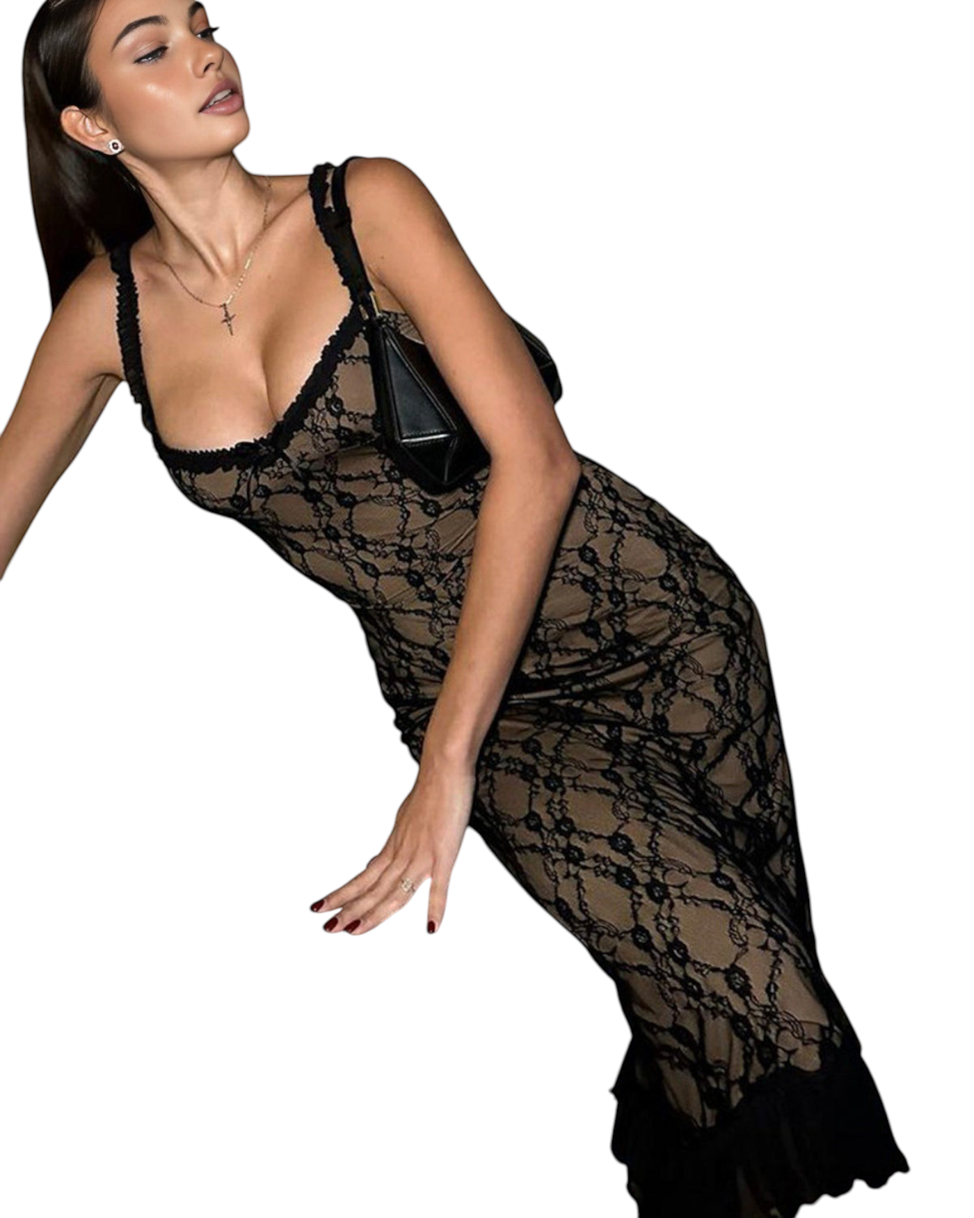 Model wearing a zevrion black lace midi dress with a V-neck, sleeveless design, and ruffled hem for formal events.