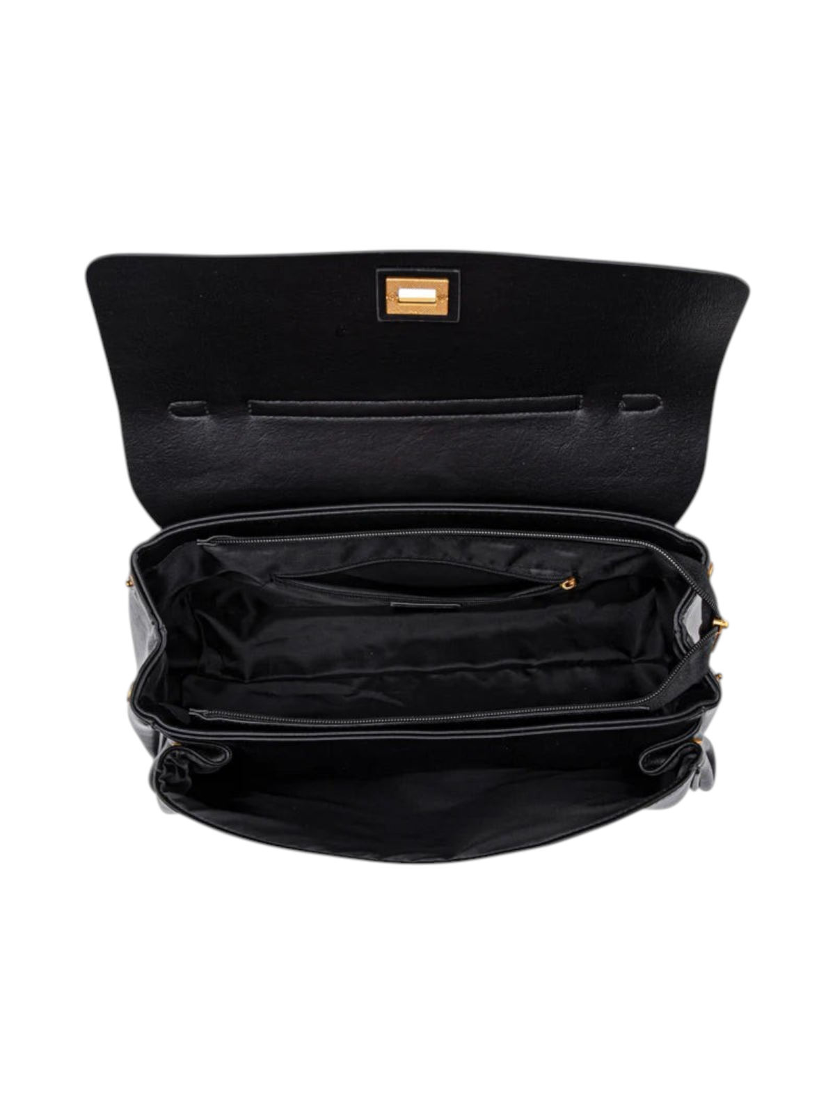 Interior view of a black zevrion XL tote bag for laptops, showing multiple compartments, zippers, and gold hardware.