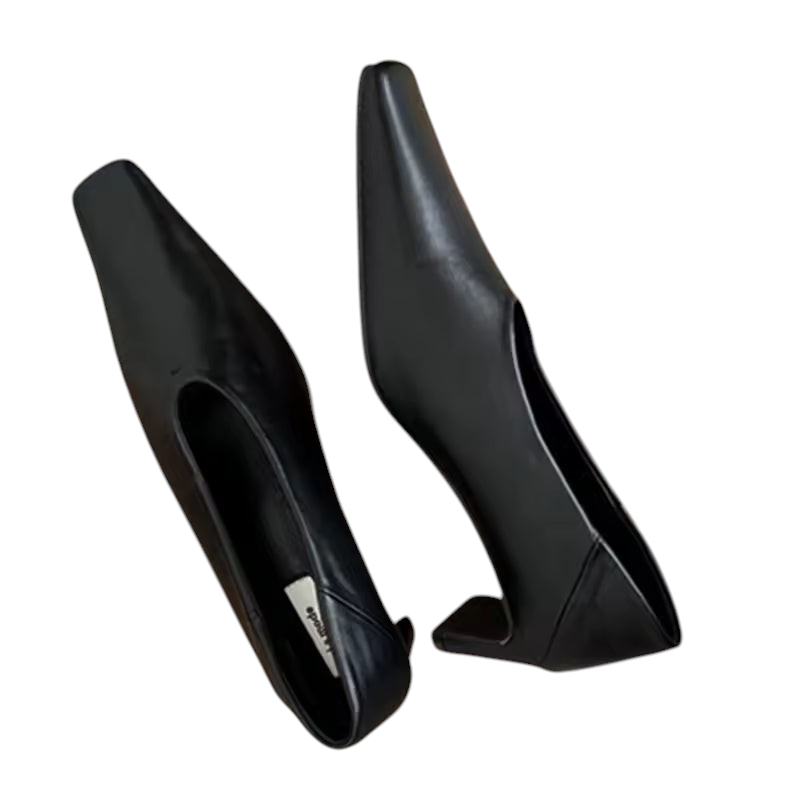 zevrion black leather pumps featuring a sophisticated V-cut neckline and a comfortable block heel