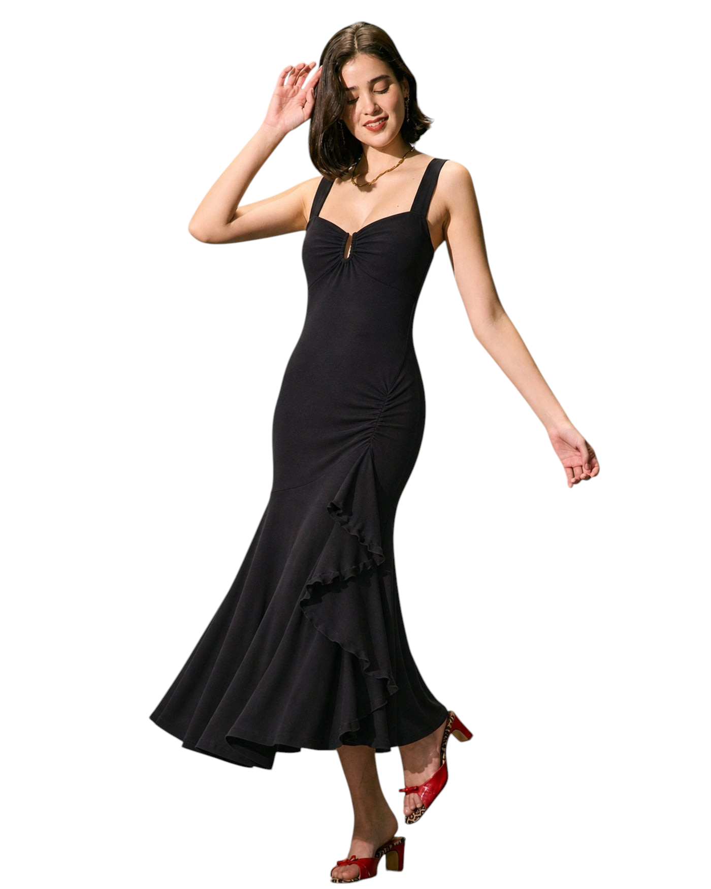 Model wearing a zevrion black maxi dress with sweetheart neckline, side ruching, and ruffled hem for formal events.
