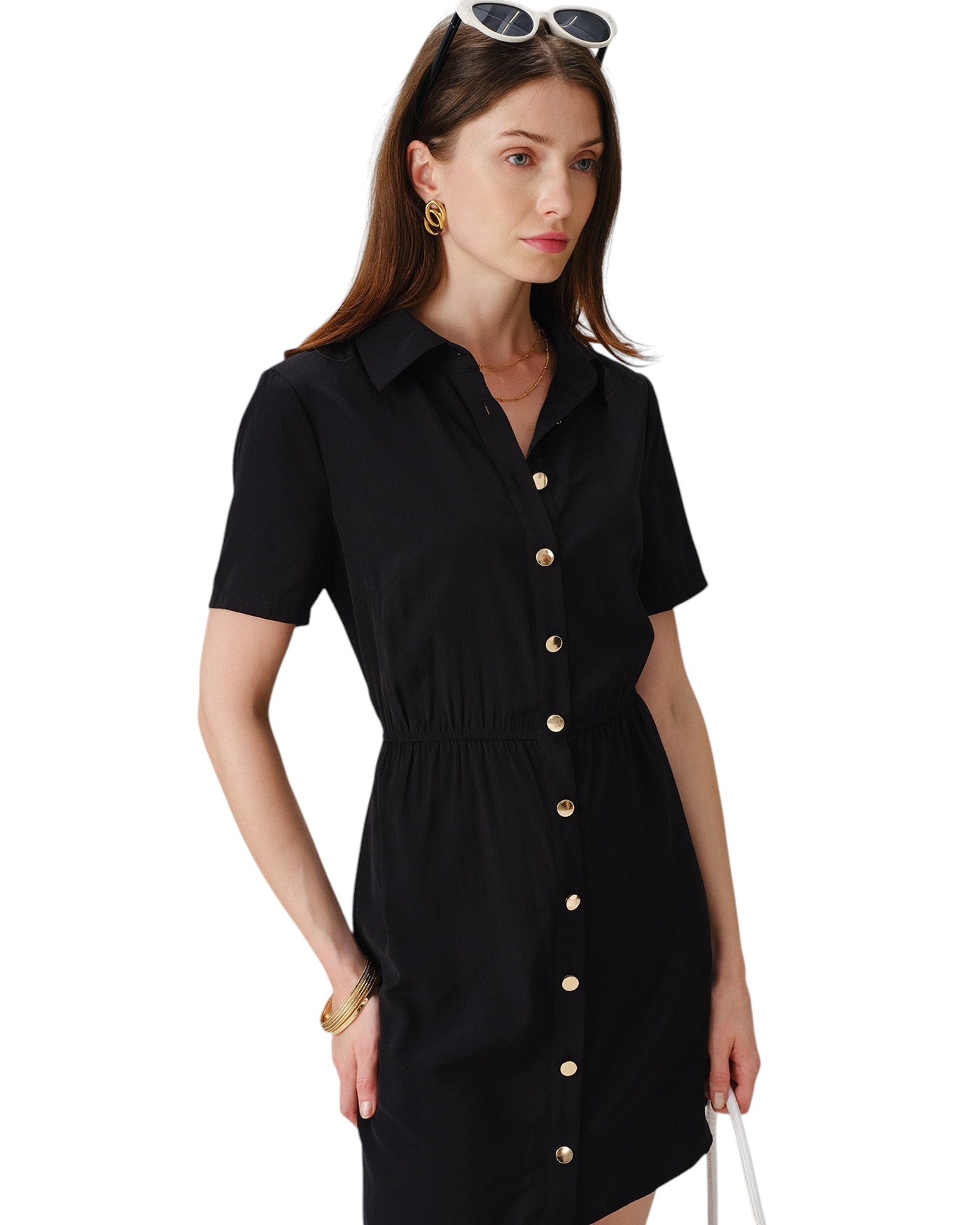 zevrion black mini shirt dress with short sleeves, collar, front buttons, and pockets for office or casual wear