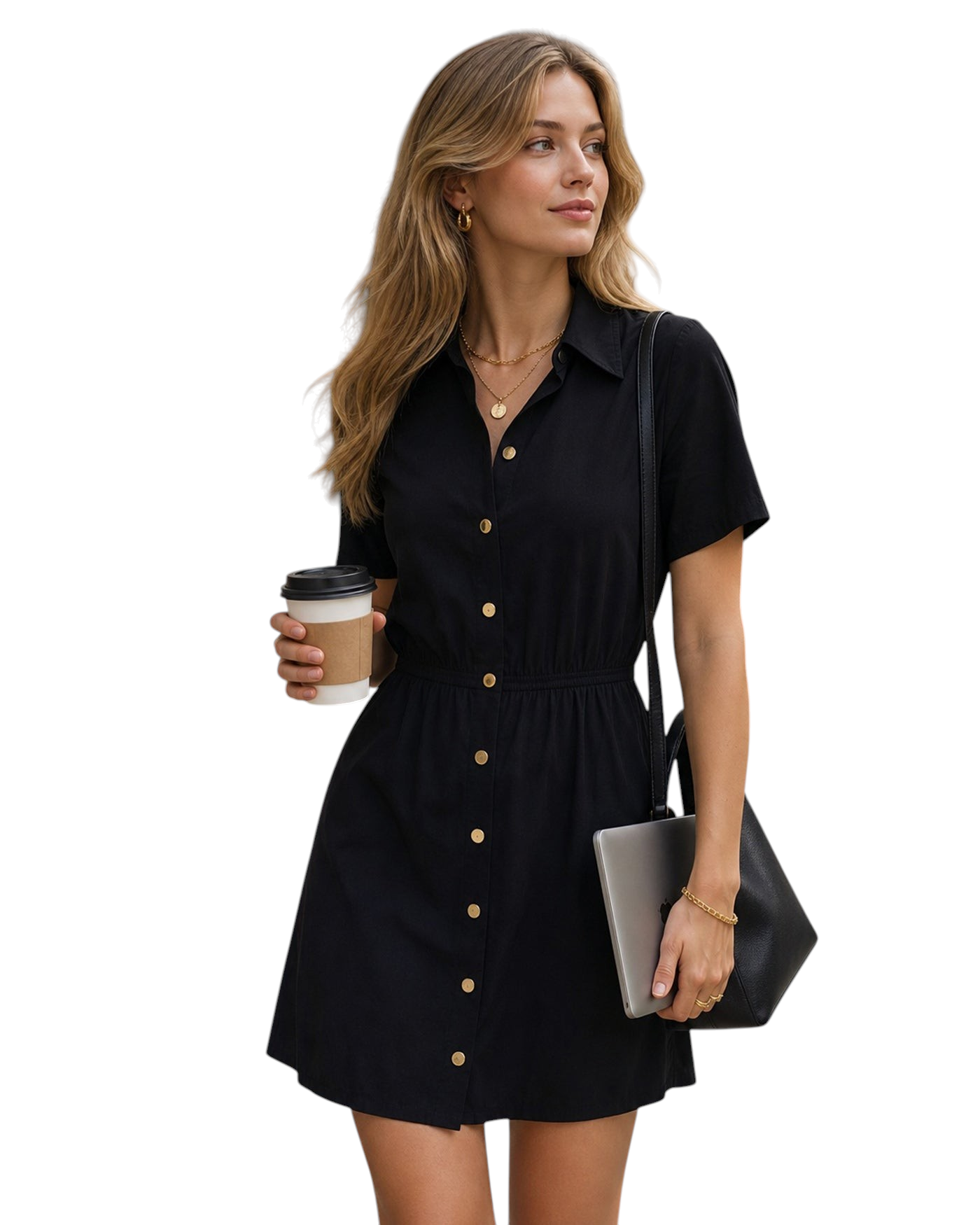 Vestido mini camisero Zevrion en negro con manga corta y botones dorados