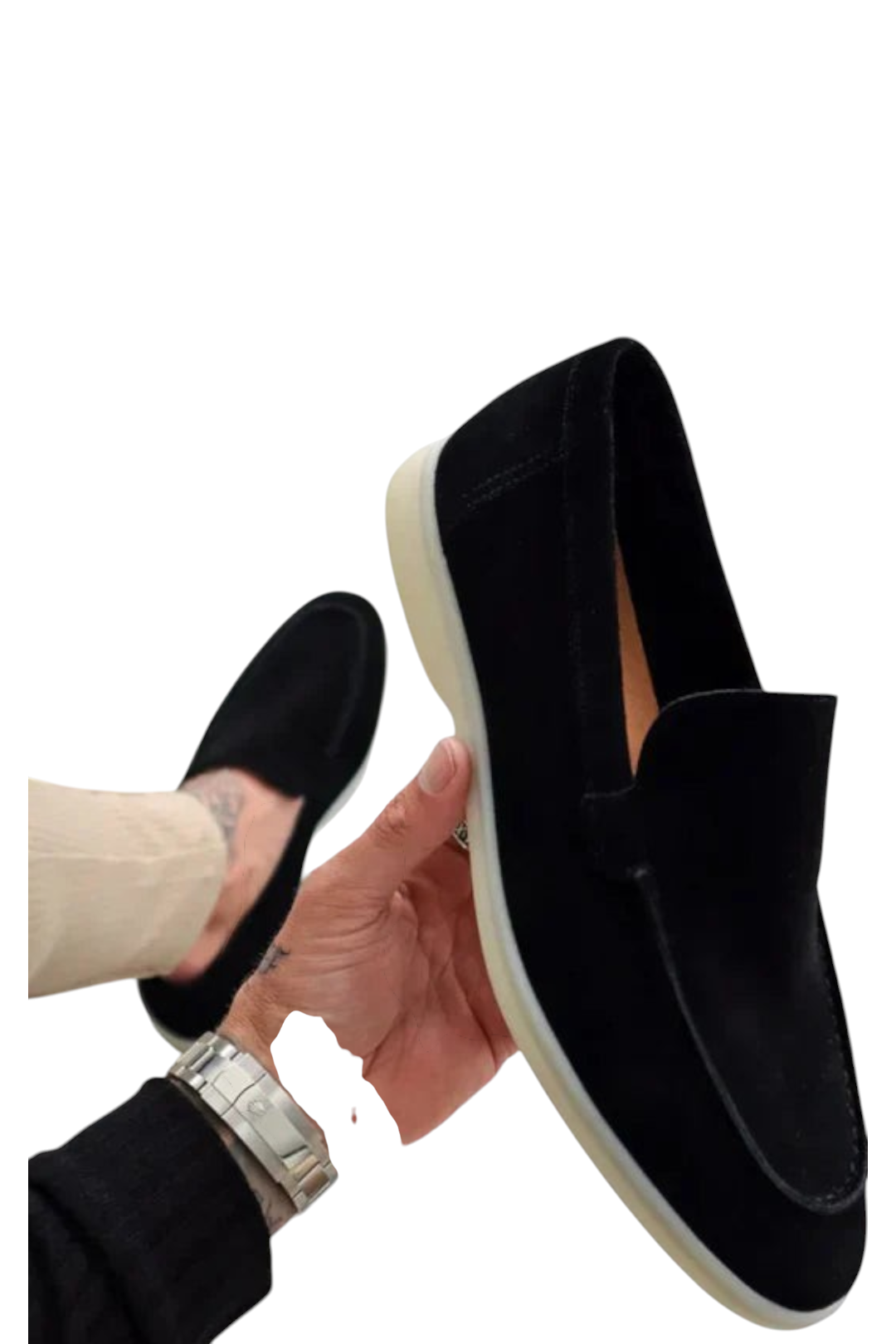 zevrion JAMES black premium suede loafers with a comfortable white sole held in hand for a sophisticated look