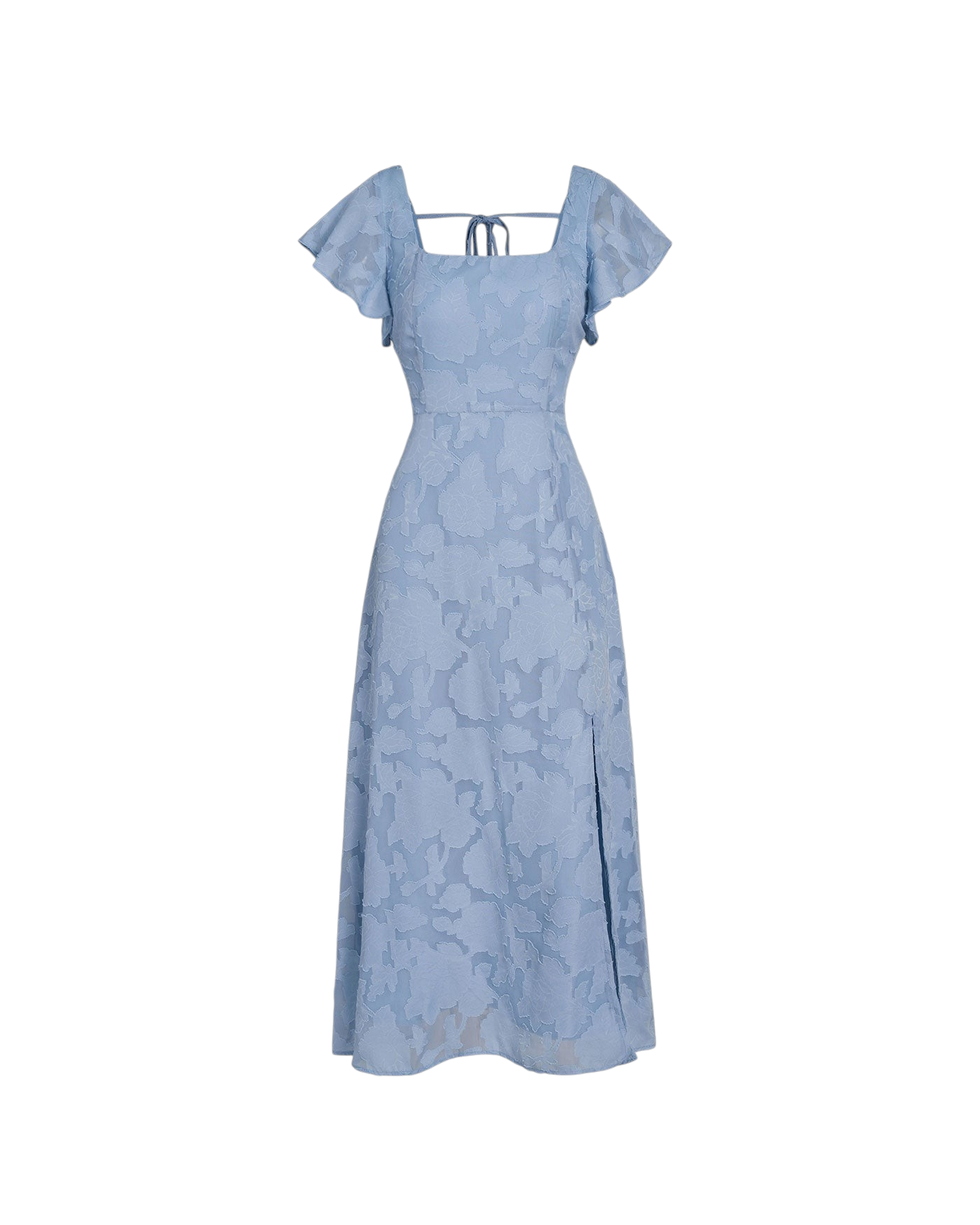 zevrion blue floral midi dress with square neckline, flutter sleeves, and open back detail for formal occasions