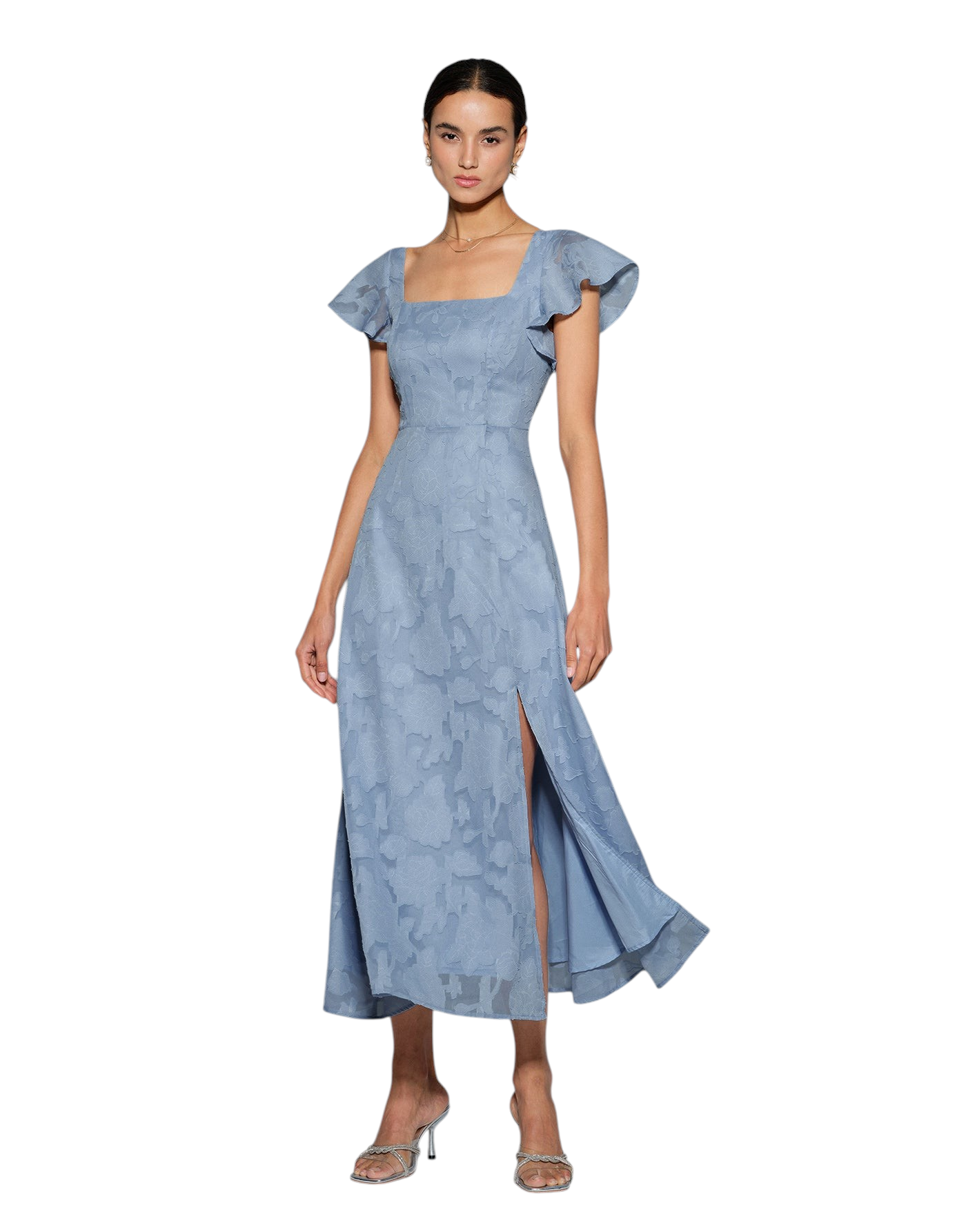 zevrion blue floral midi dress with square neckline, short flutter sleeves, and side slit for formal occasions