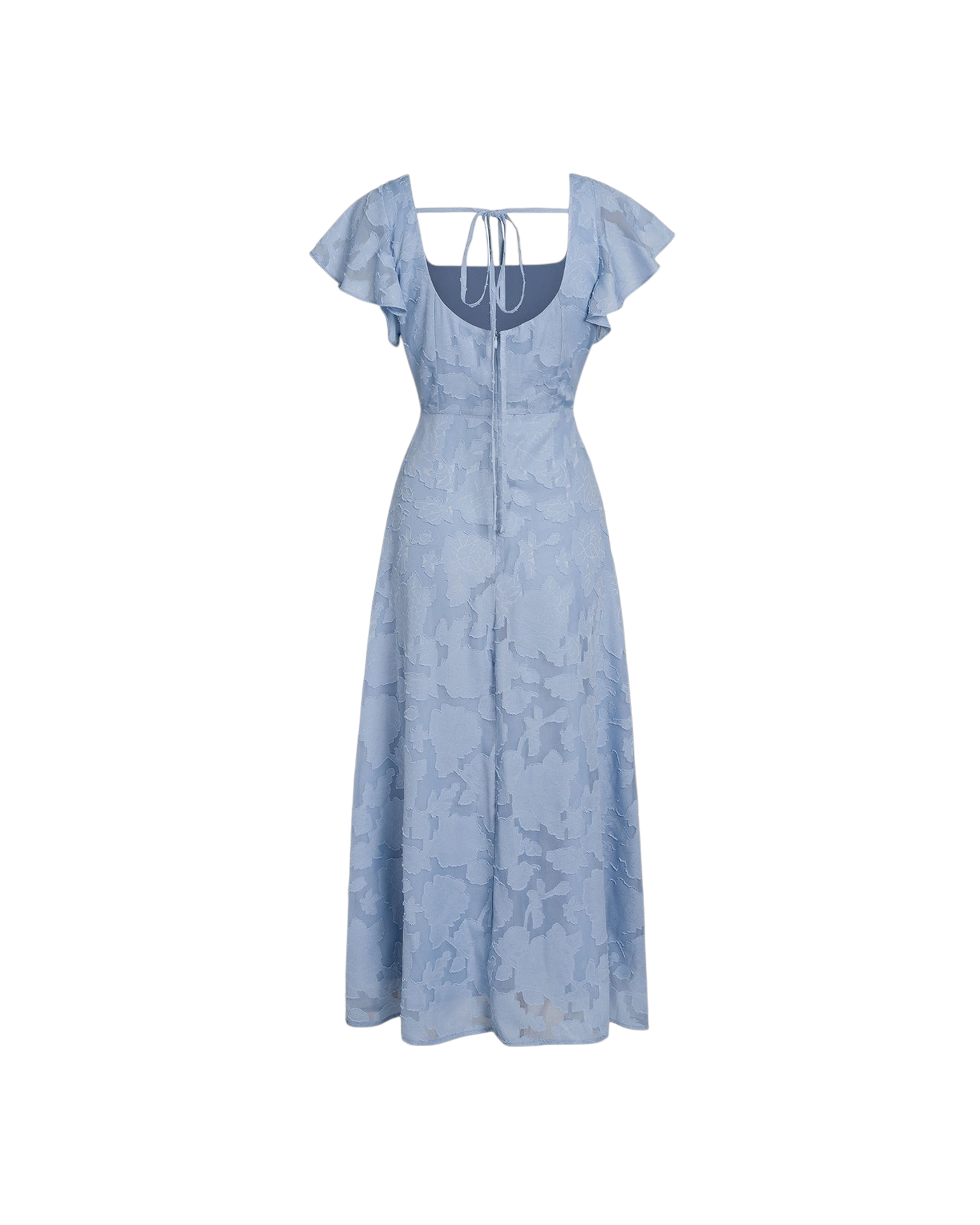zevrion blue floral midi dress with square neckline, flutter sleeves, and open back detail for formal occasions.