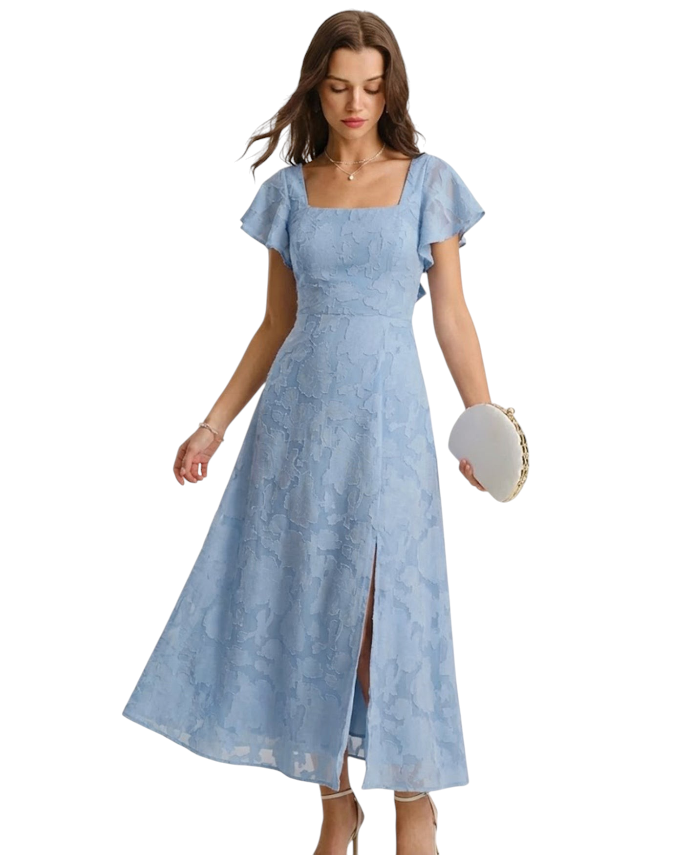 zevrion blue floral midi dress with square neckline, short flutter sleeves, and side slit for formal occasions