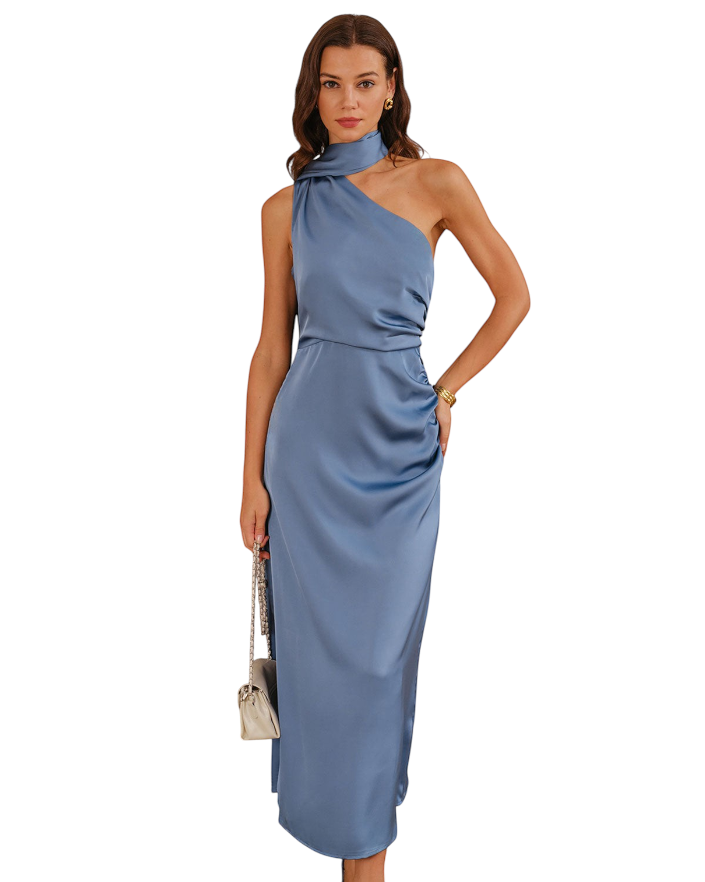 Model wearing a zevrion blue satin one-shoulder maxi dress with an A-line silhouette for formal events.