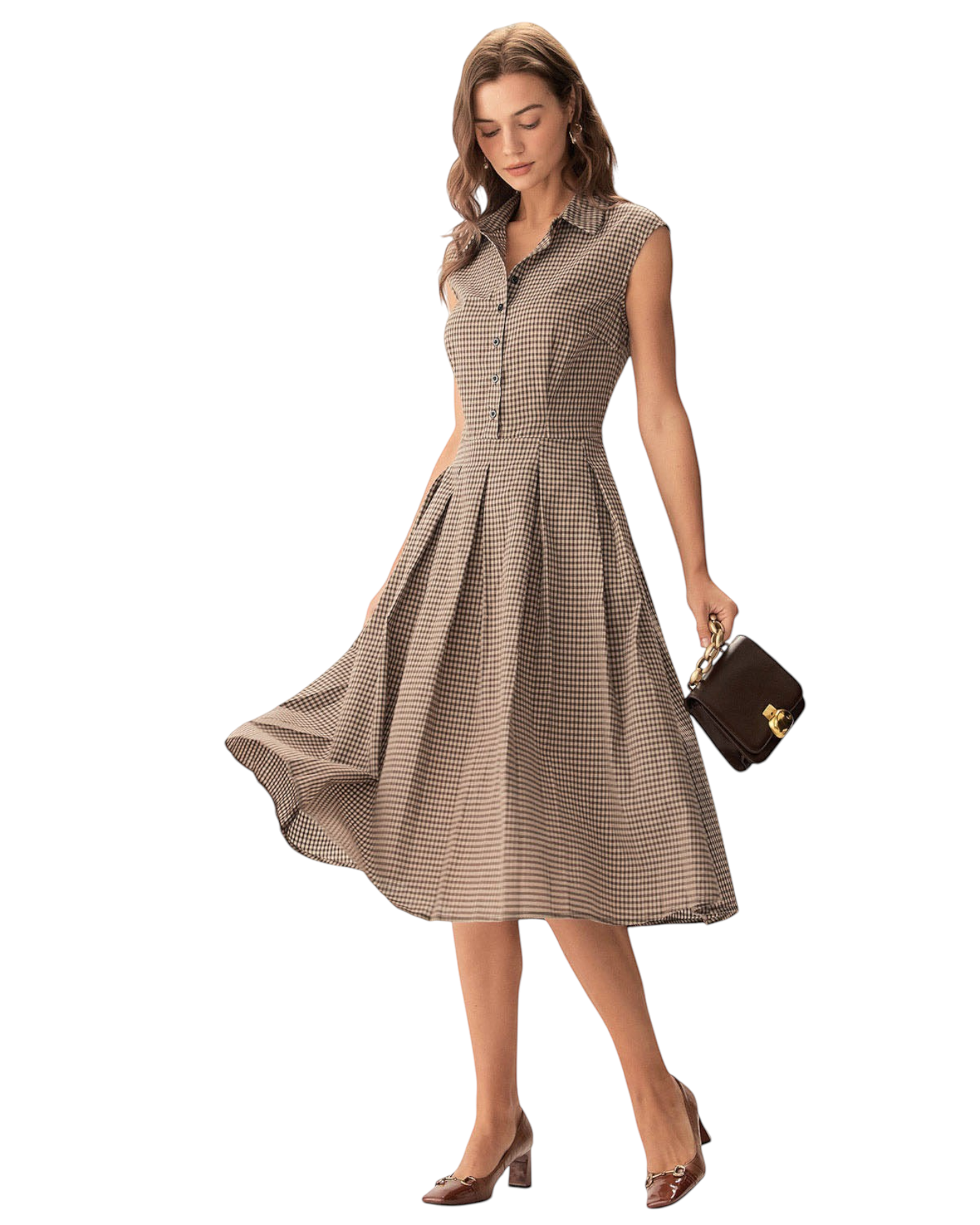 Zevrion brown gingham midi dress with button-down front, pleated skirt, and collar, worn by a model with a handbag.