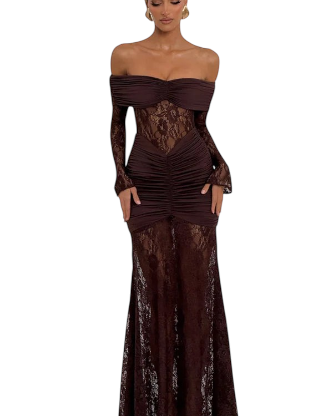 Zevrion brown off-the-shoulder maxi dress with intricate lace detailing and a form-fitting ruched bodice