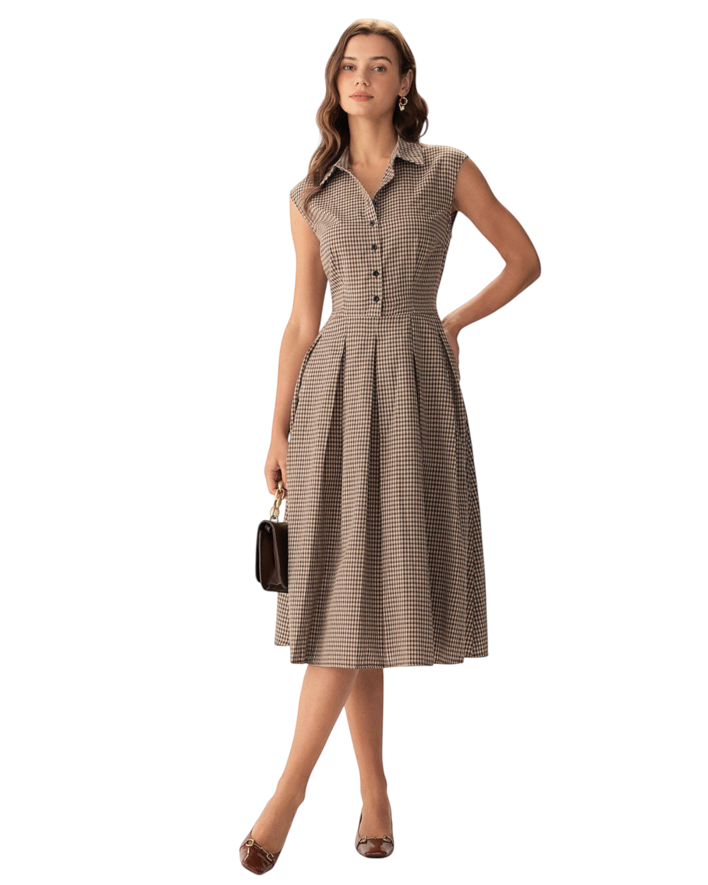 zevrion brown plaid midi dress with button-down front, pleated skirt, and lapel collar worn by a model