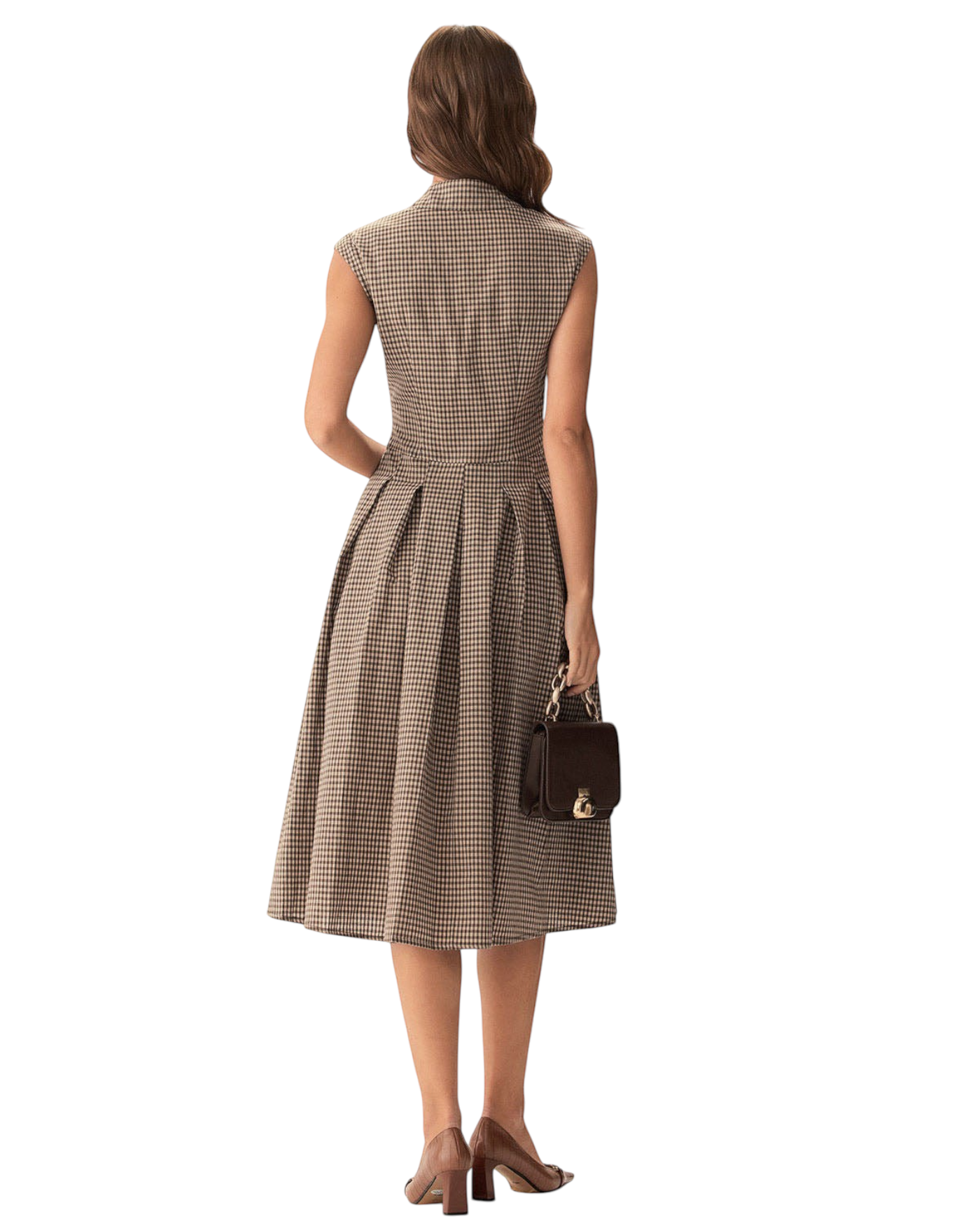 Zevrion brown plaid midi dress with pleated skirt and button details worn by a woman from the back view