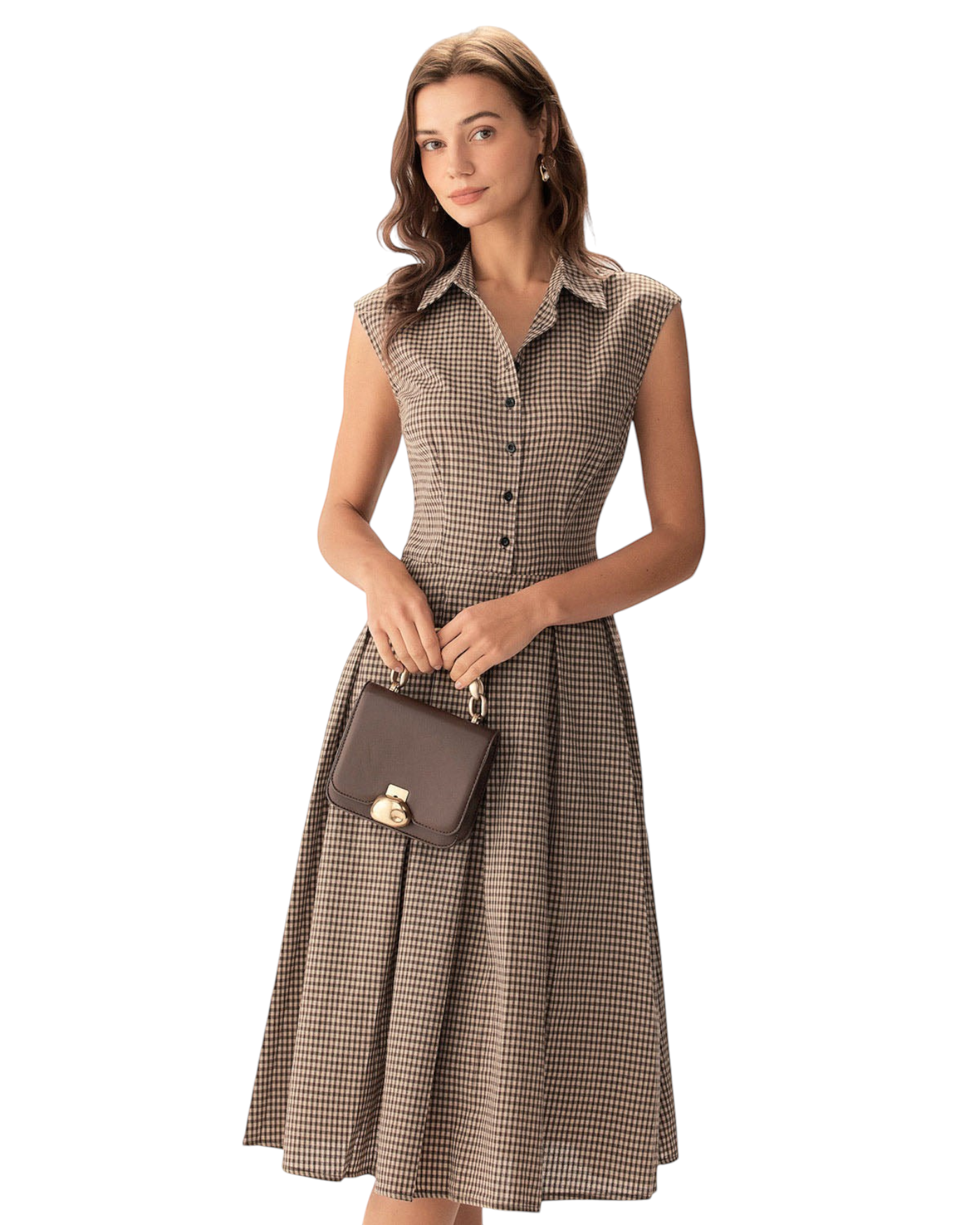 Modelo con vestido midi Zevrion de algodón a cuadros marrón con botonadura frontal