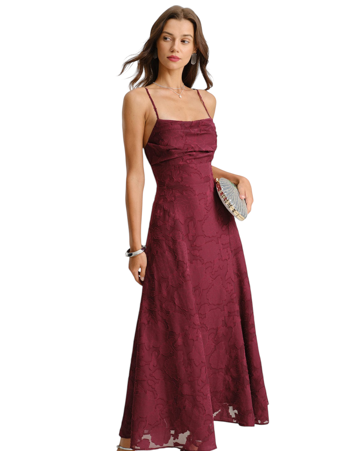 Zevrion burgundy jacquard maxi slip dress with spaghetti straps and textured floral pattern for formal occasions.