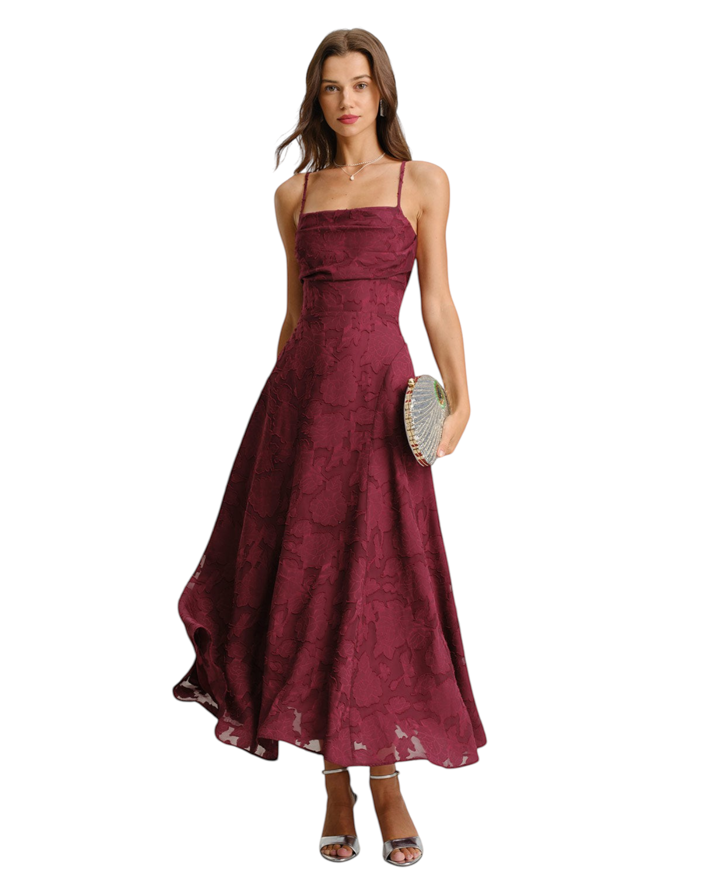zevrion burgundy jacquard maxi slip dress with spaghetti straps and textured floral pattern for formal occasions