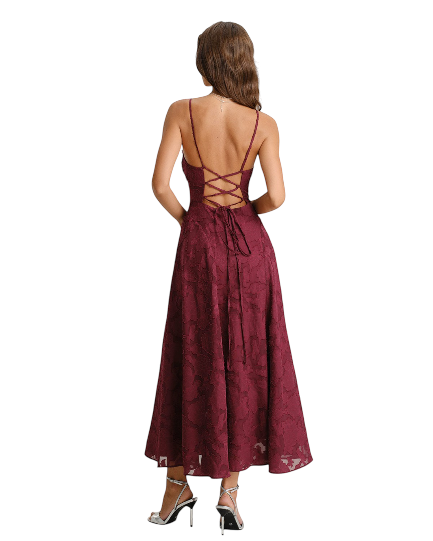 zevrion burgundy jacquard maxi slip dress with lace-up back detail for formal occasions