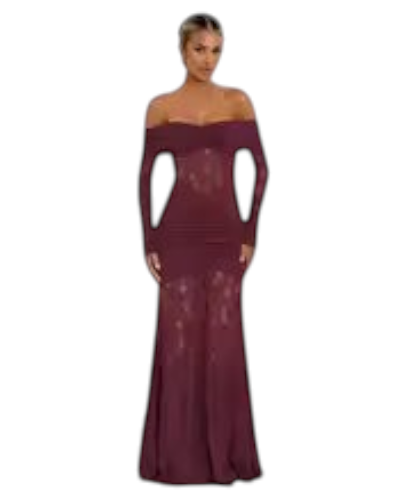 Zevrion off-the-shoulder burgundy maxi dress with long sleeves and intricate lace detailing for a sophisticated look