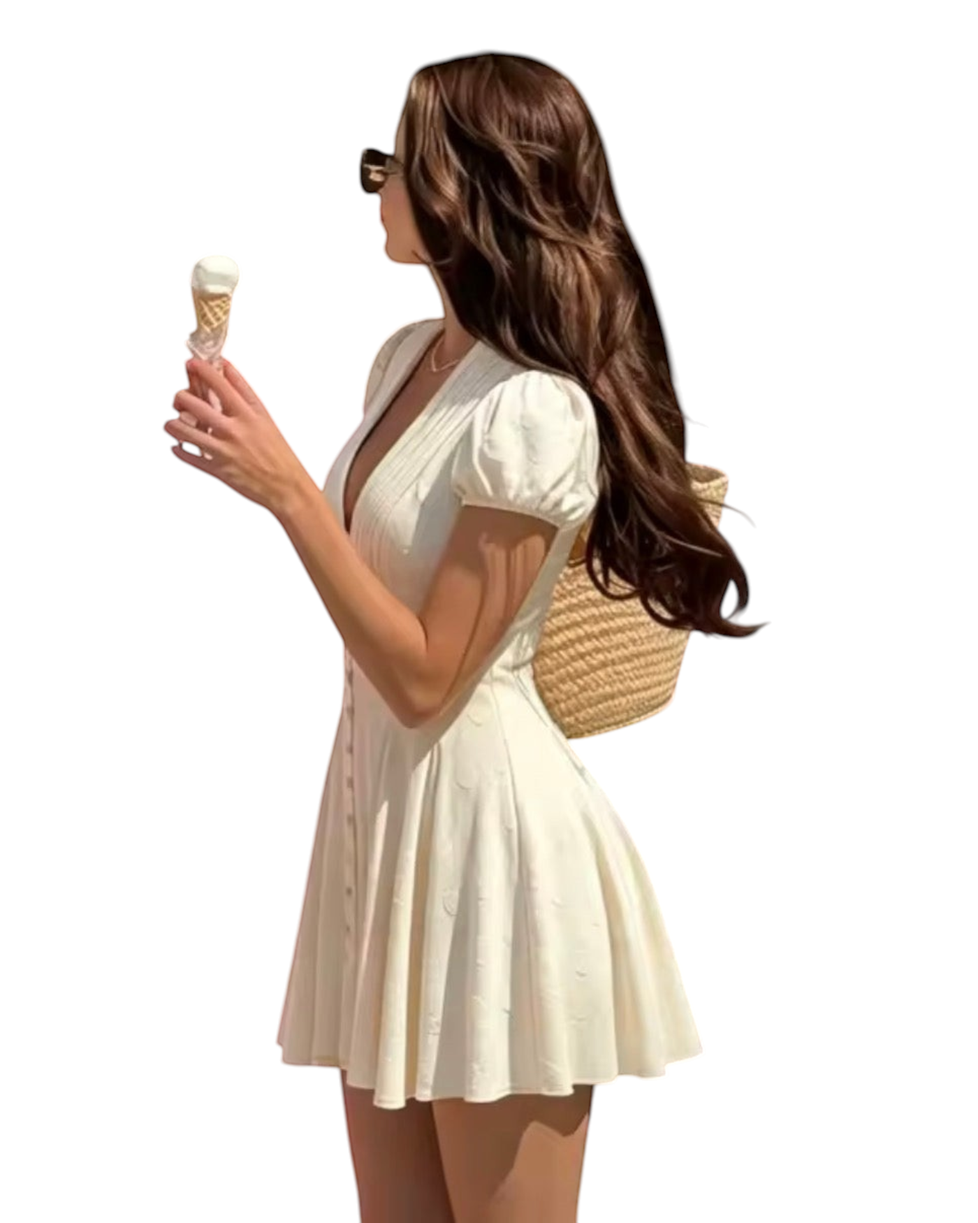 zevrion vintage style cream mini dress with V-neck, puff sleeves, and A-line skirt worn by a woman with an ice cream
